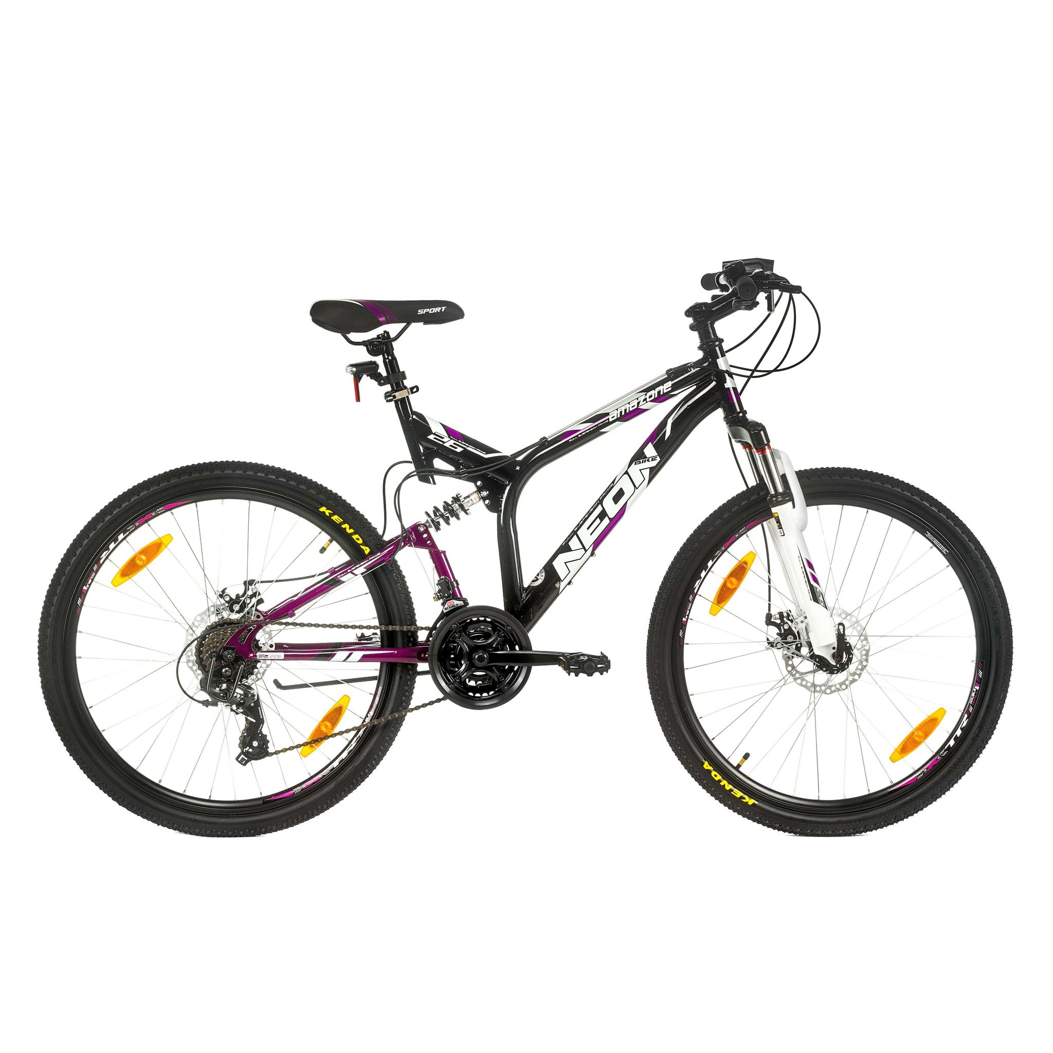 Vélo VTT 26'' Tout Suspendu Femme  " Amazone /Neon  " - Cadre acier - Double Freins à Disque - Potence Head set - Dérailleur arrière  Shimano Tourney TY300 - Poignées à Gâchettes Shimano ST-EF500