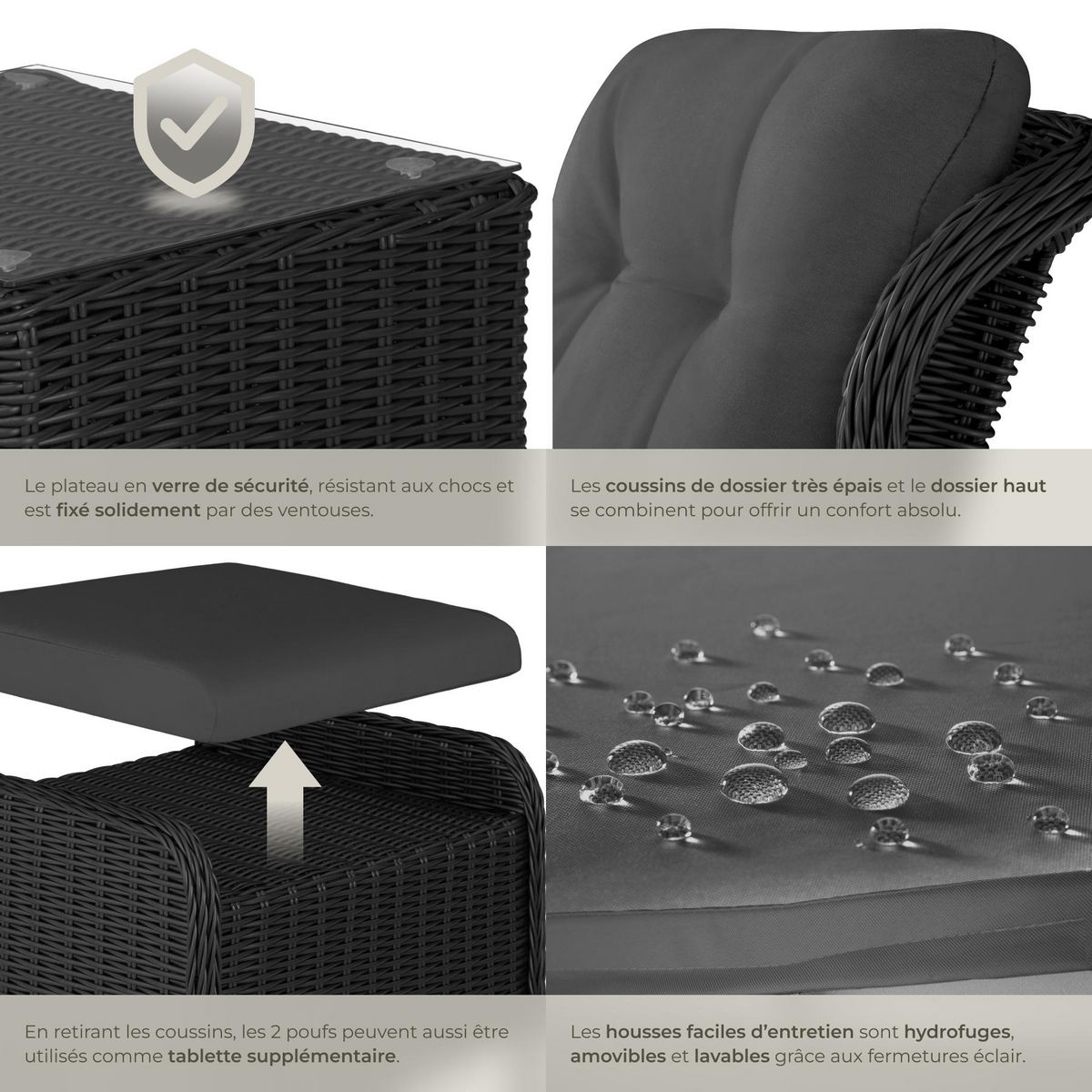 tectake Salon de jardin pour 2 à 4 personnes noir/gris