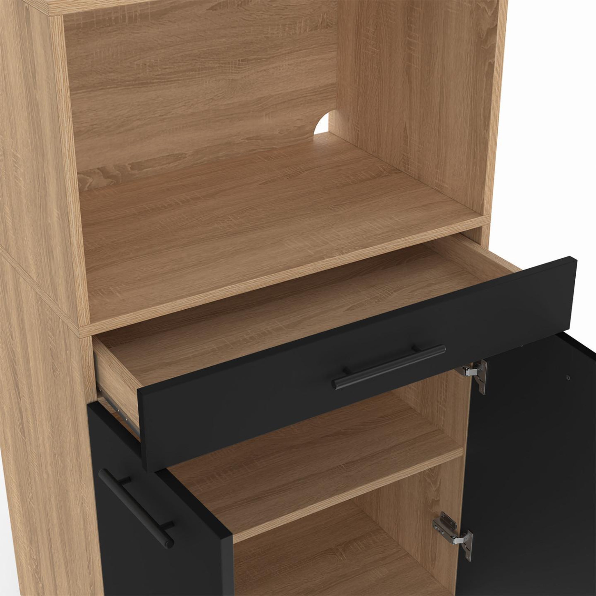 Voir la diapositive 6 : ID MARKET Buffet mi-haut de cuisine pour micro-onde 60 cm cina 1 tiroir 2 portes façon hêtre et noir