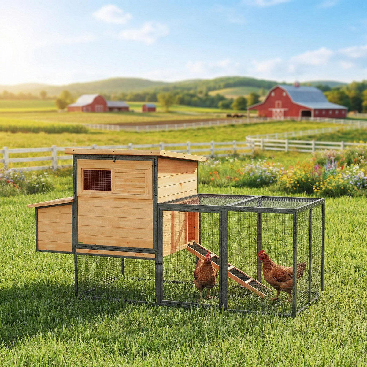 PAWHUT Poulailler bois surélevé avec enclos acier - 2 pondoirs, 3 portes, toits ouvrants - 192x81x104cm