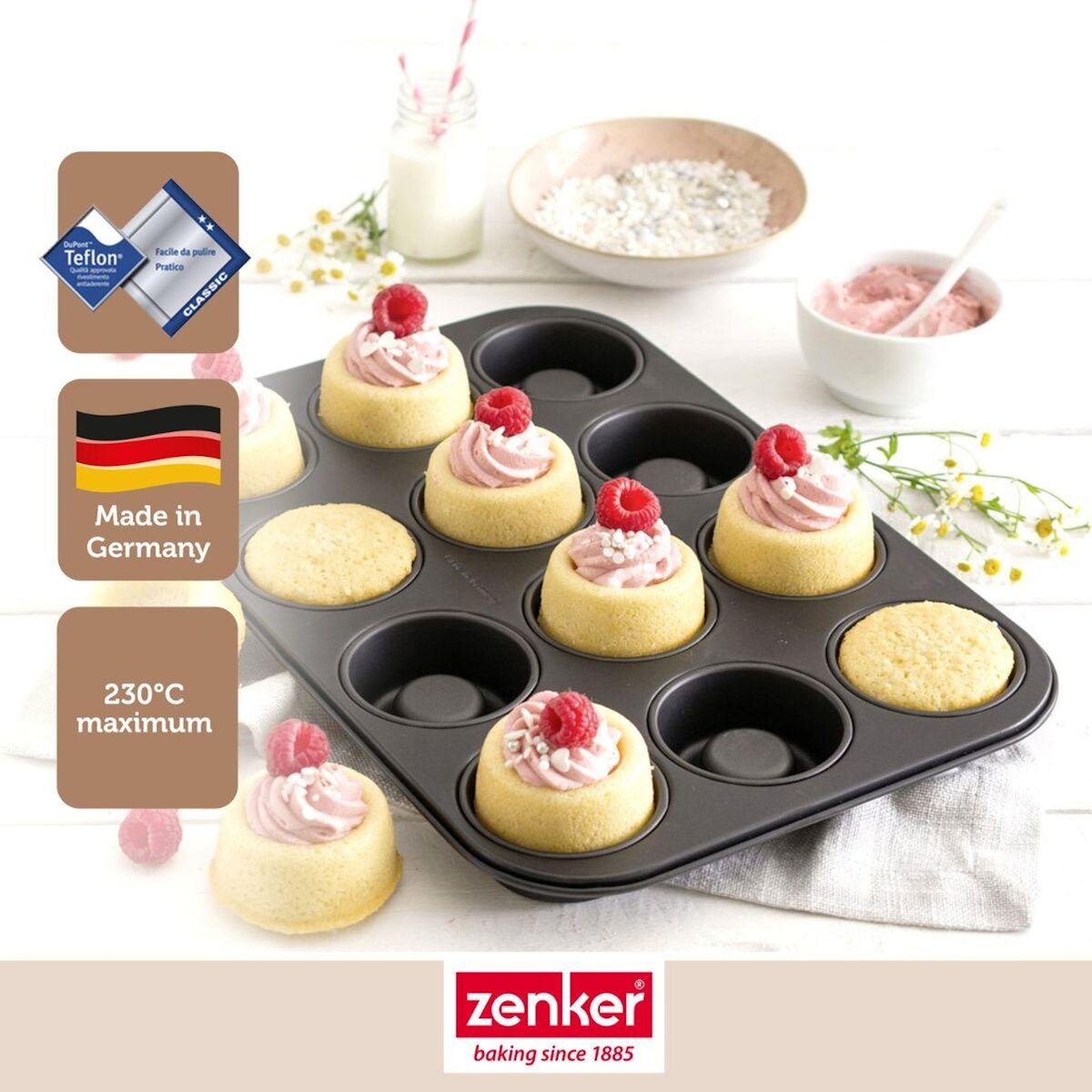 ZENKER Ensemble avec 1 Moule 12 babas au rhum, 1 spatule Zenker et 2 bols à mixer en inox Fackelmann