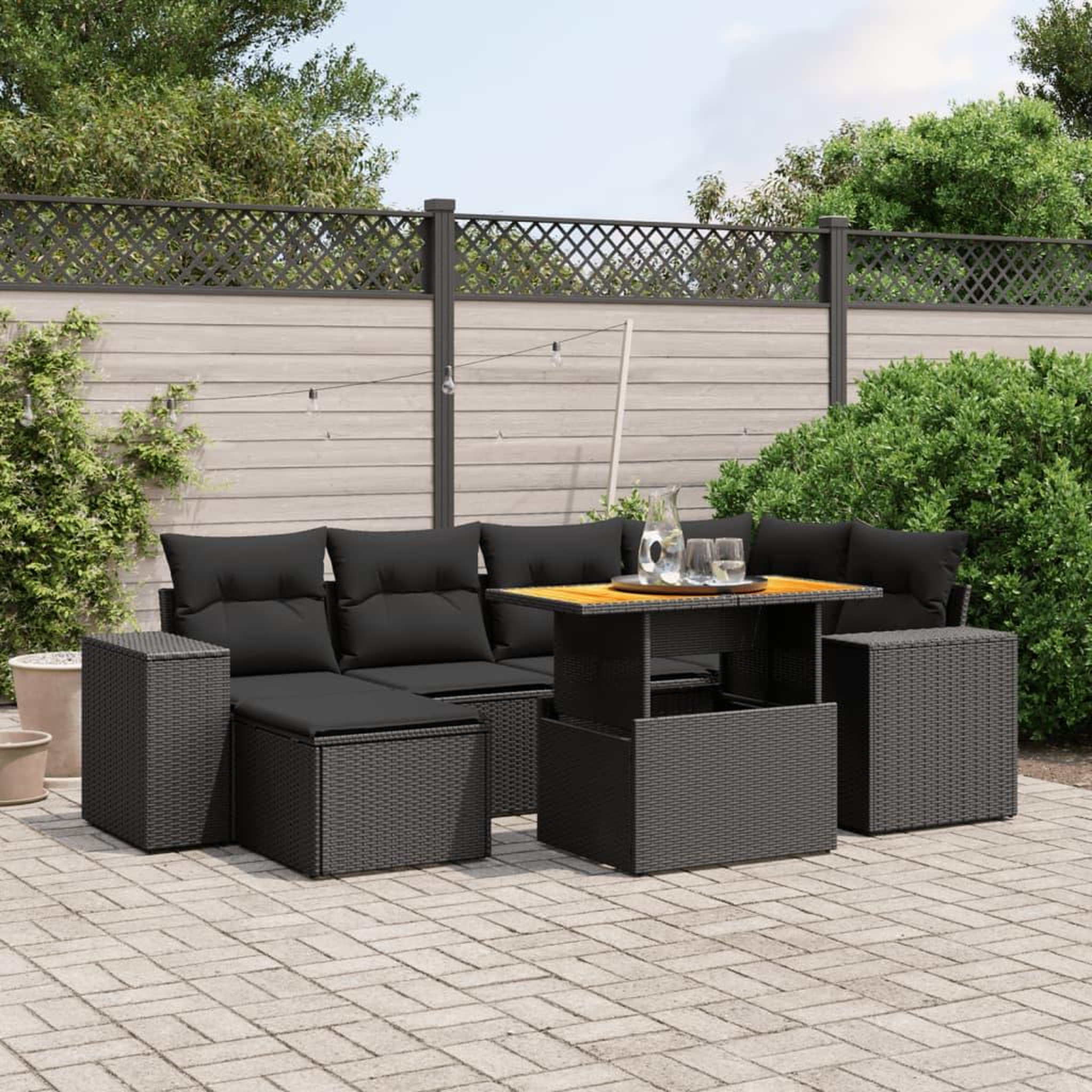 VIDAXL Salon de jardin 7 pcs avec coussins noir resine tressee
