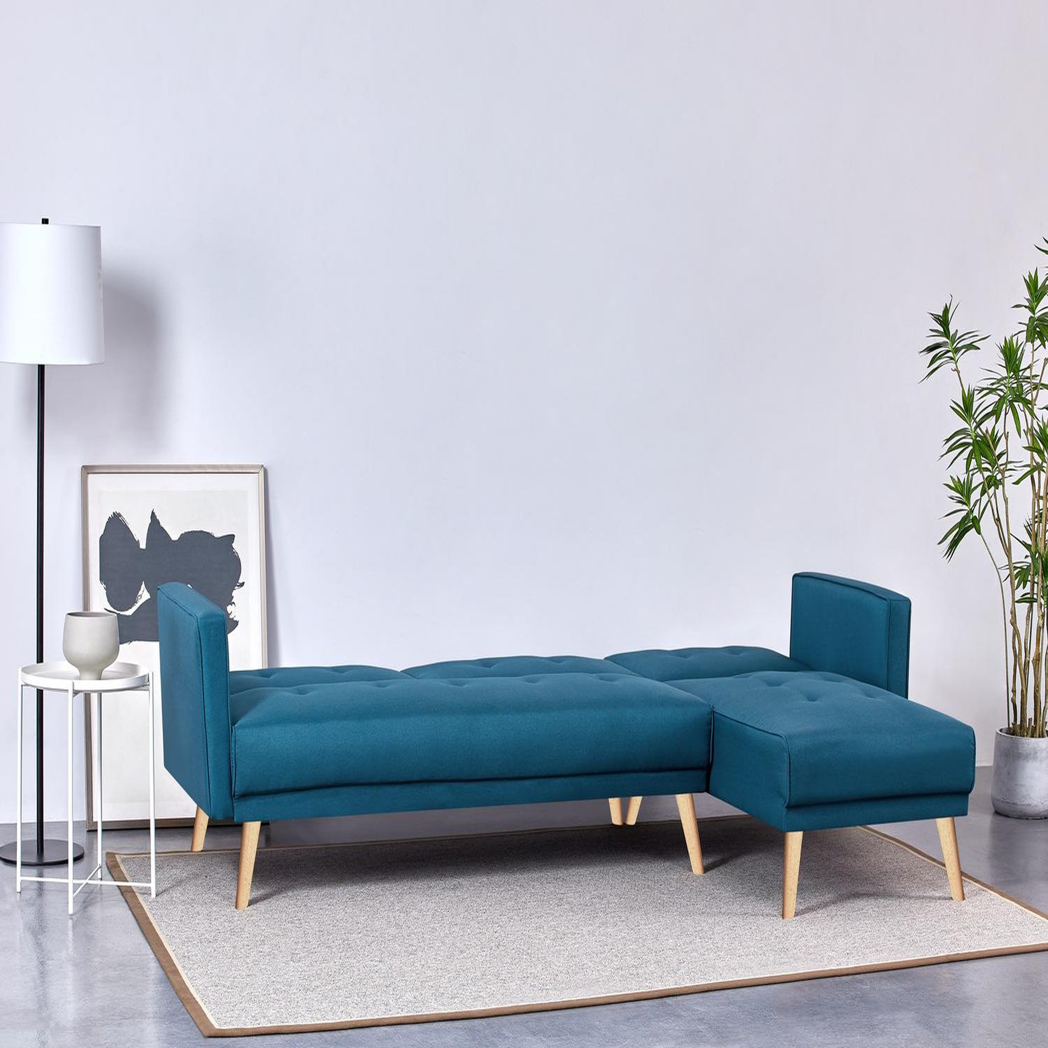 Voir la diapositive 6 : CONCEPT USINE Canapé d'angle réversible et convertible 4 places en tissu bleu canard GRACE