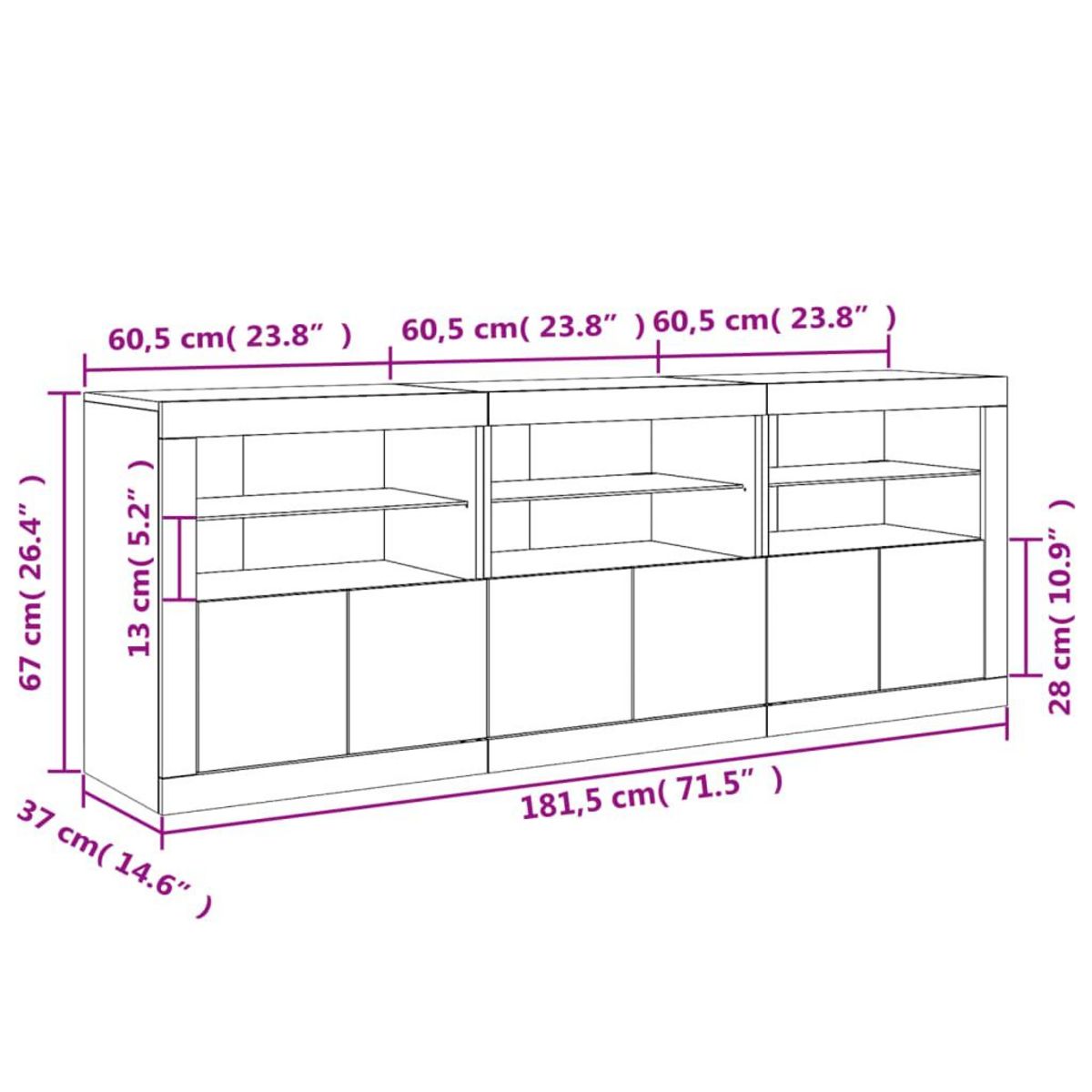 VIDAXL Buffet avec lumieres LED gris beton 181,5x37x67 cm
