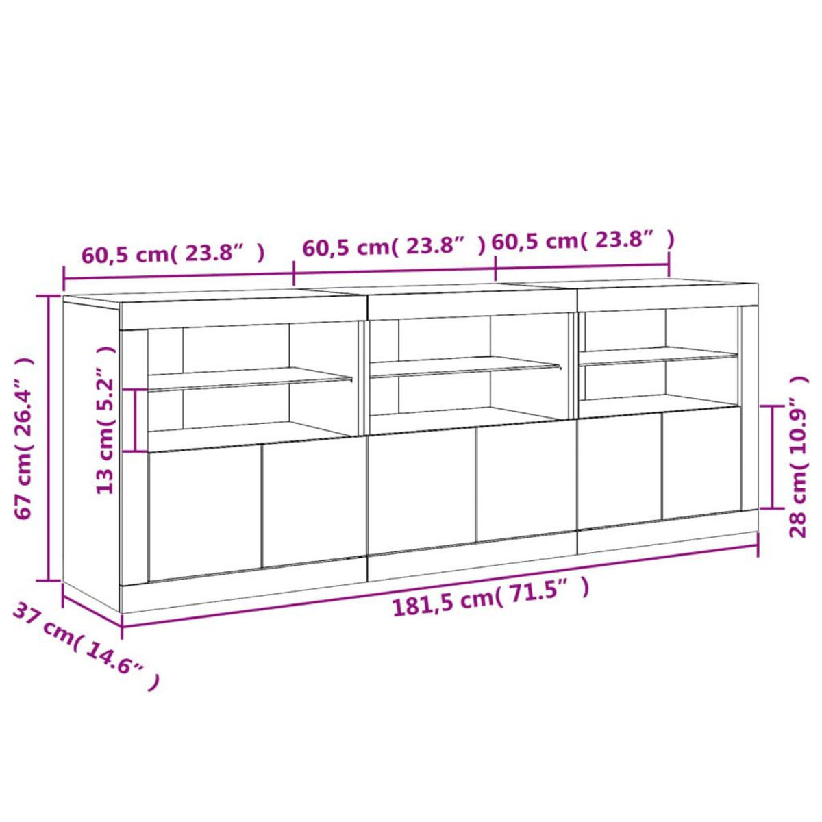 VIDAXL Buffet avec lumieres LED gris beton 181,5x37x67 cm