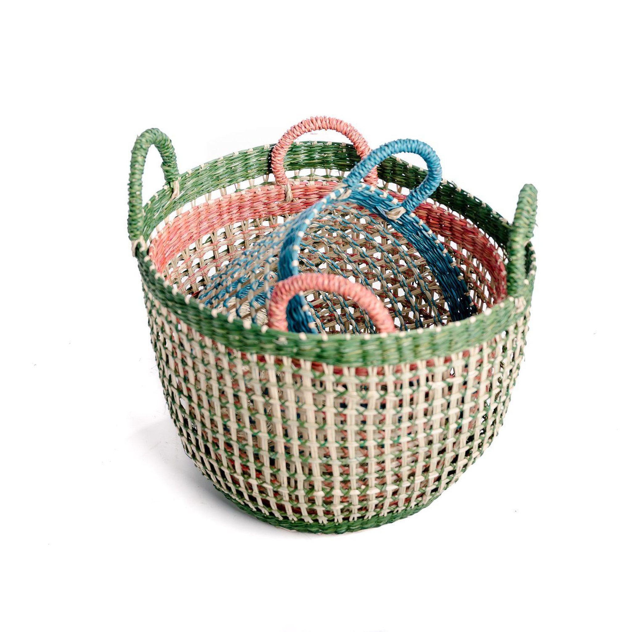 Voir la diapositive 3 : KB8 Lot de 3 paniers colorés en jonc de mer - vert, rouge et bleu