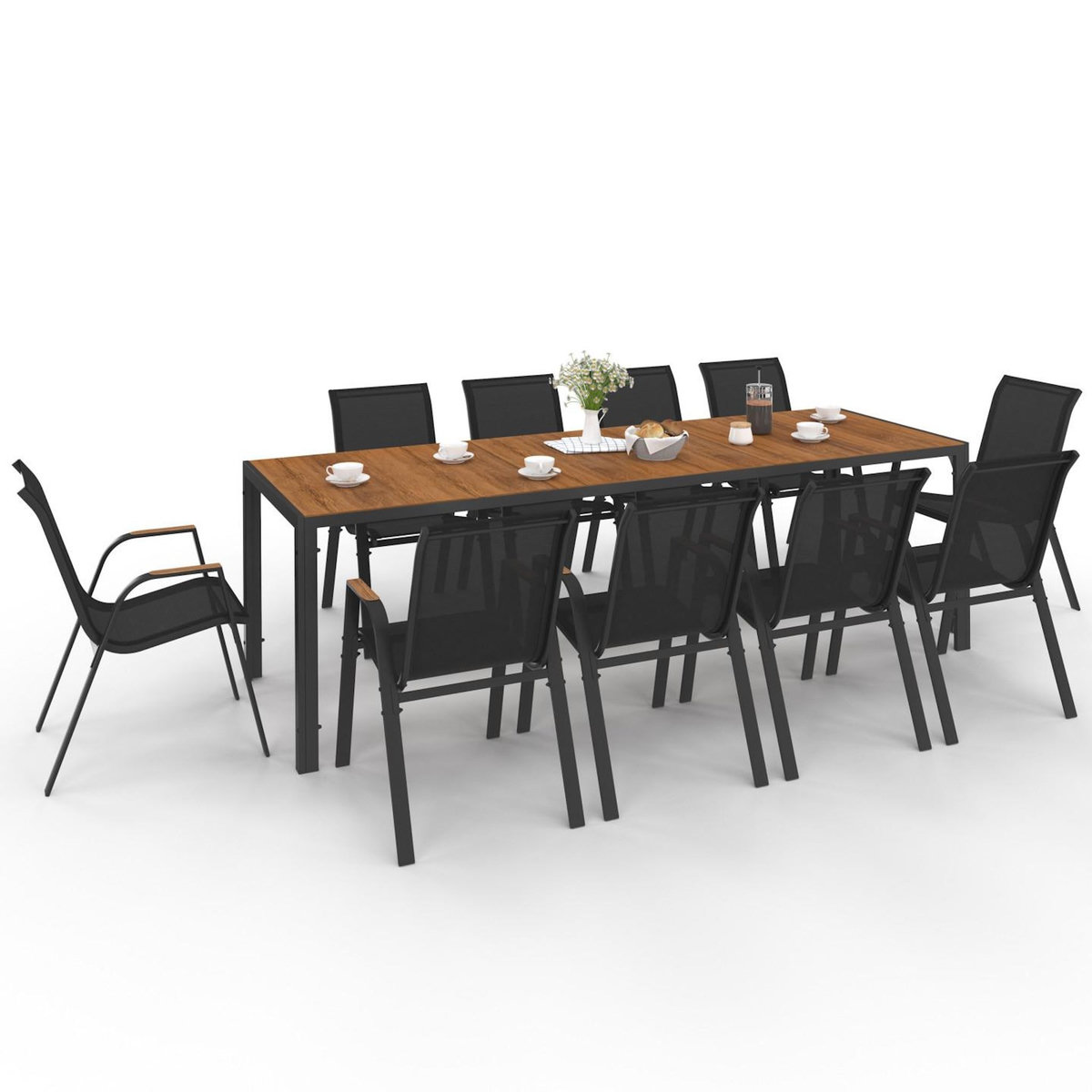 ID MARKET Salon de jardin NOUMEA table 240 cm plateau verre trempé effet bois et 10 chaises empilables noir et bois