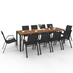 ID MARKET Salon de jardin NOUMEA table 240 cm plateau verre trempé effet bois et 10 chaises empilables noir et bois