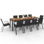 Voir la diapositive 1 : ID MARKET Salon de jardin NOUMEA table 240 cm plateau verre trempé effet bois et 10 chaises empilables noir et bois