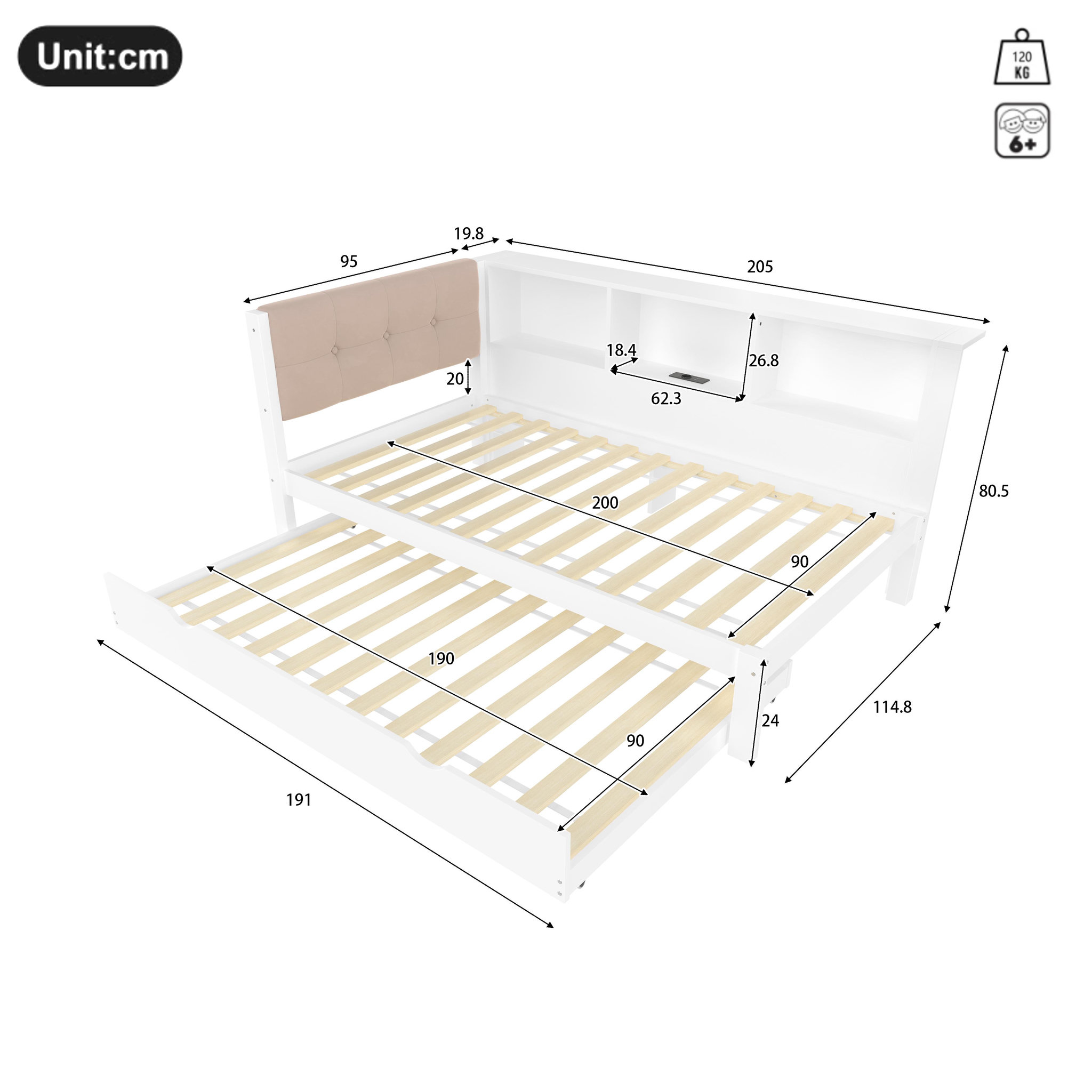 Voir la diapositive 3 : MERAX Lit gigogne 90x200cm pin coloris blanc led