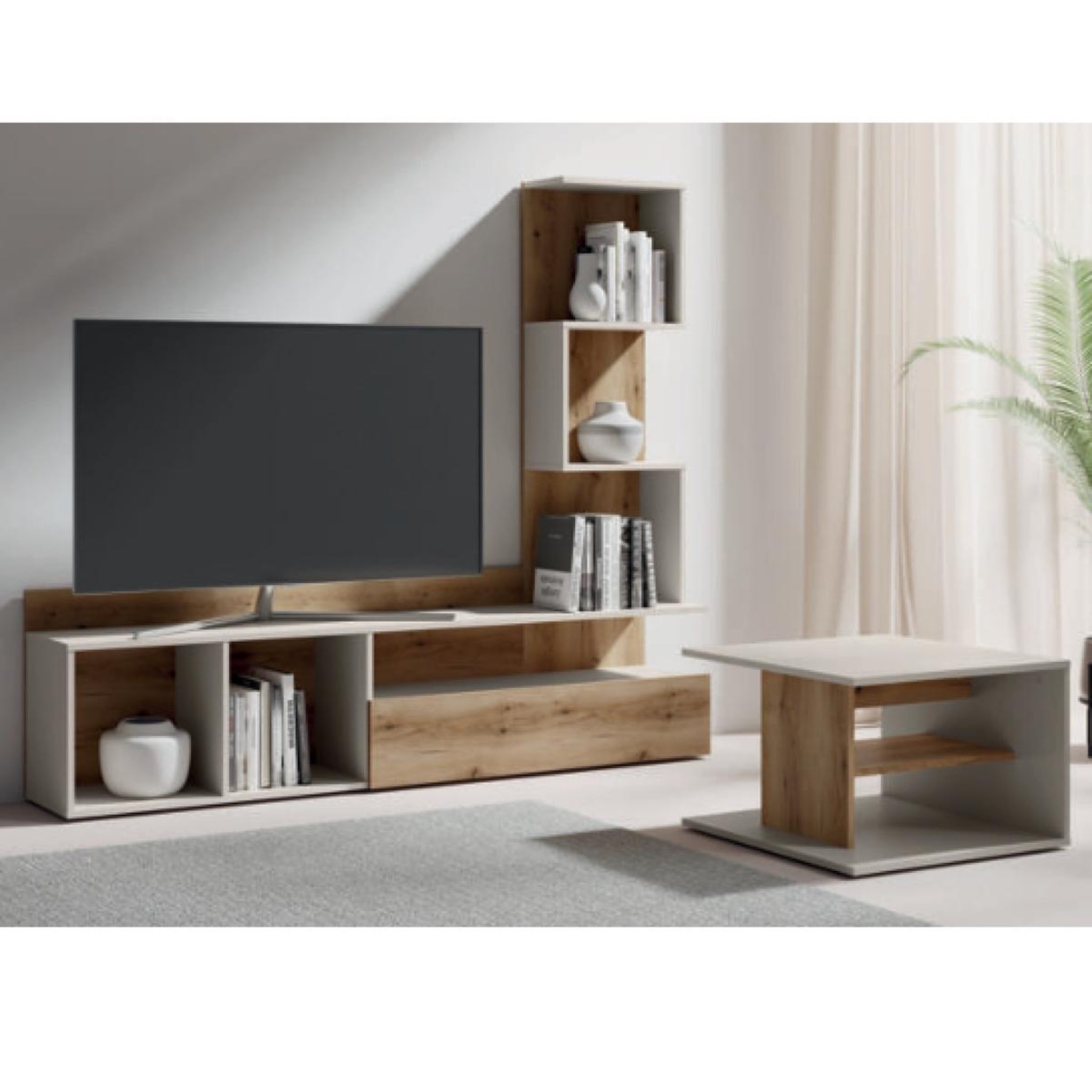 Voir la diapositive 3 : JLC KREATION Table basse carré beige et bois 60cm mila
