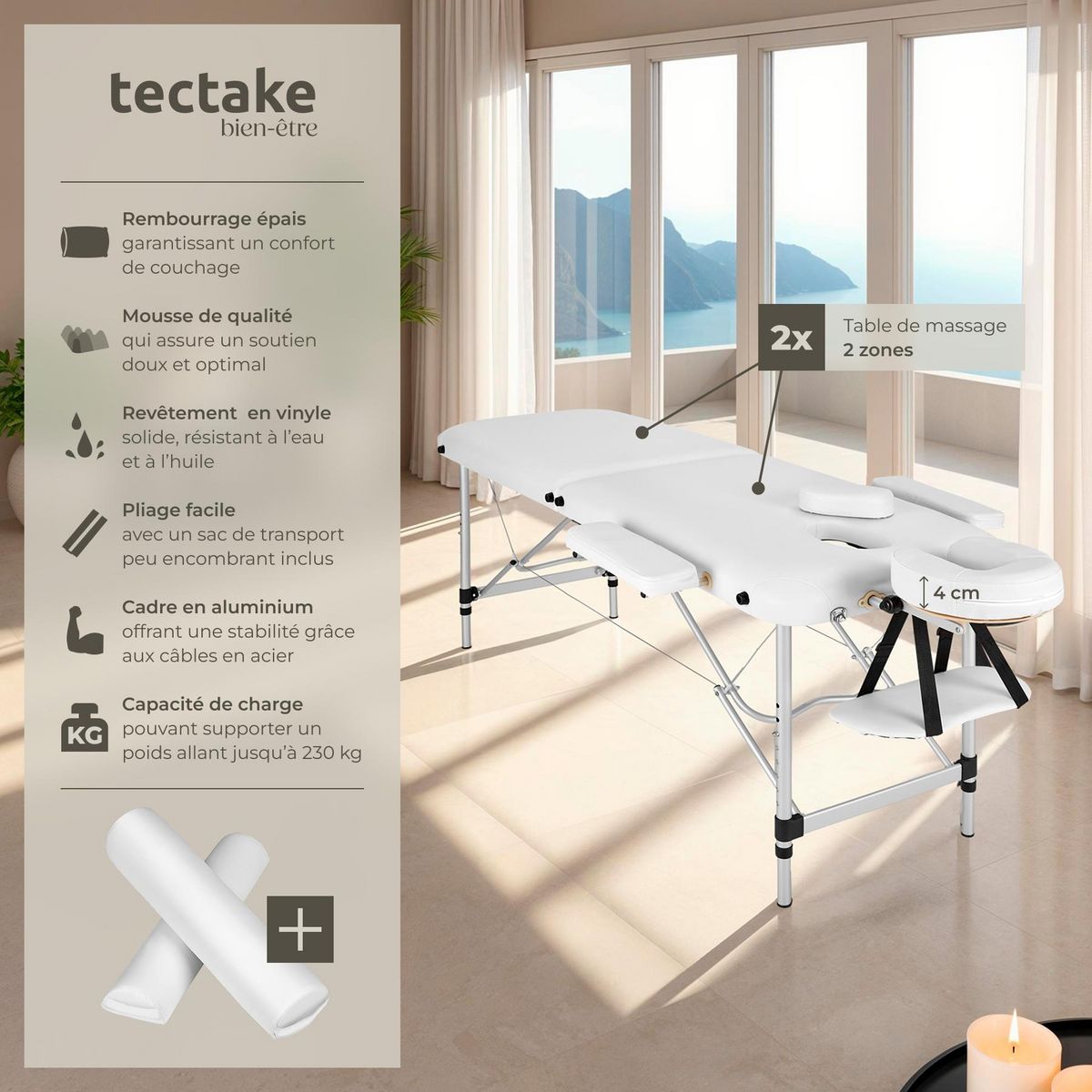 tectake Table de massage portable pliante 2 zones largeur 61 cm et rembourrage de 4 cm blanc