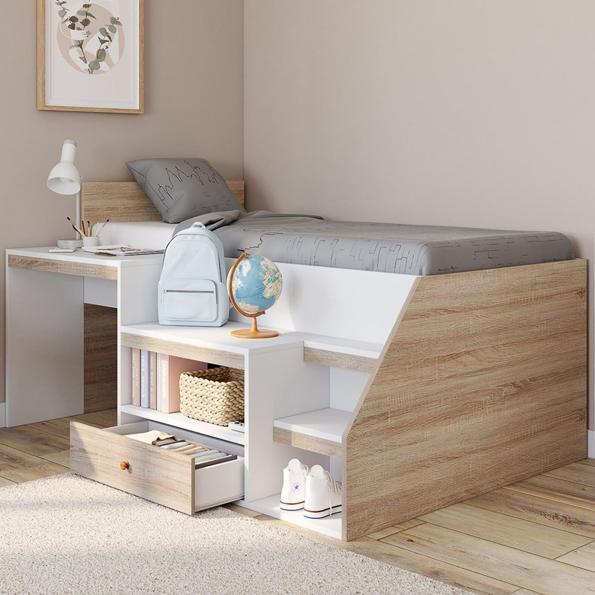 ID MARKET Lit combiné avec sommier, bureau et rangement LEOPOLD 90 x 190 cm hêtre et blanc