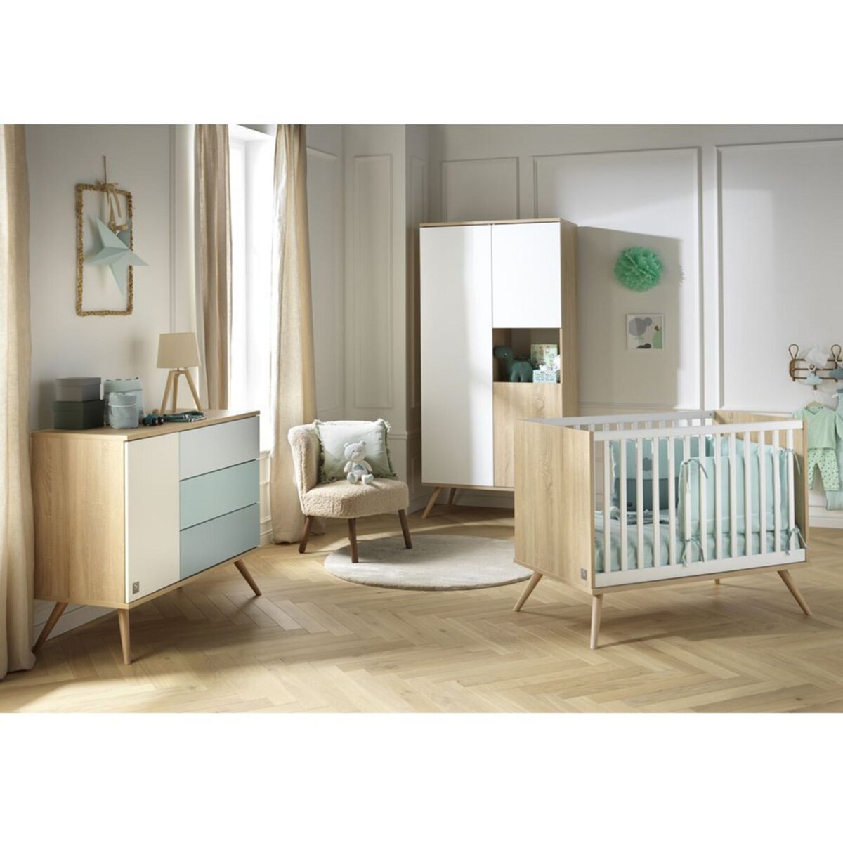 SAUTHON Chambre complète lit bébé 60x120 commode à langer et armoire Seventies - Bois blanc et bleu