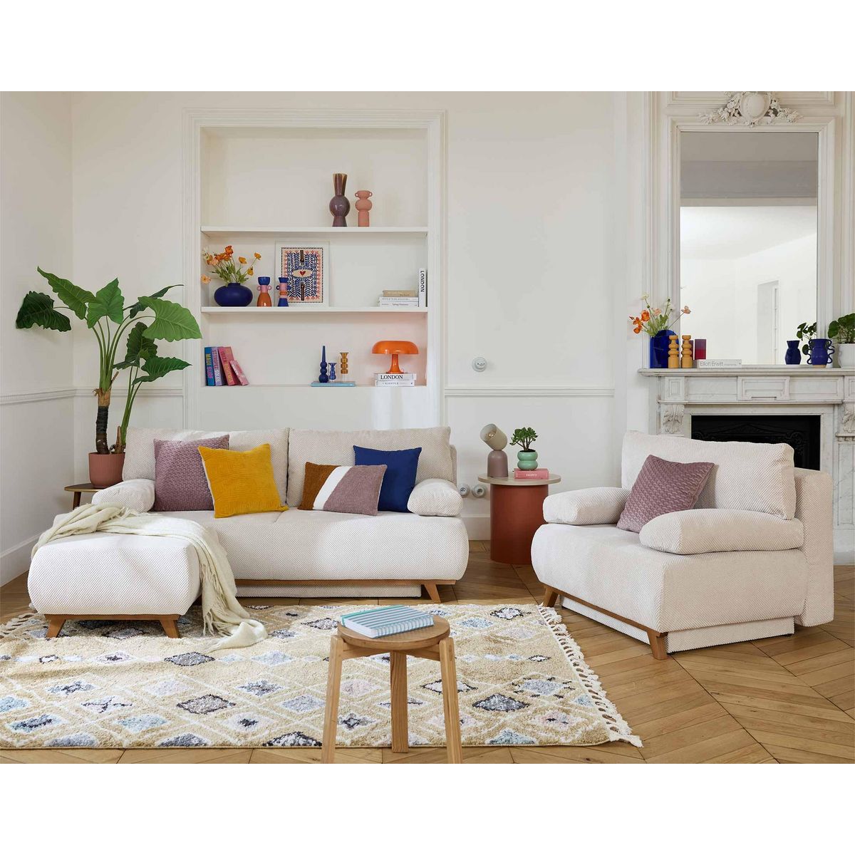 BEST MOBILIER Cristal - canapé 3 places - convertible avec coffre et pouf - en velours texturé