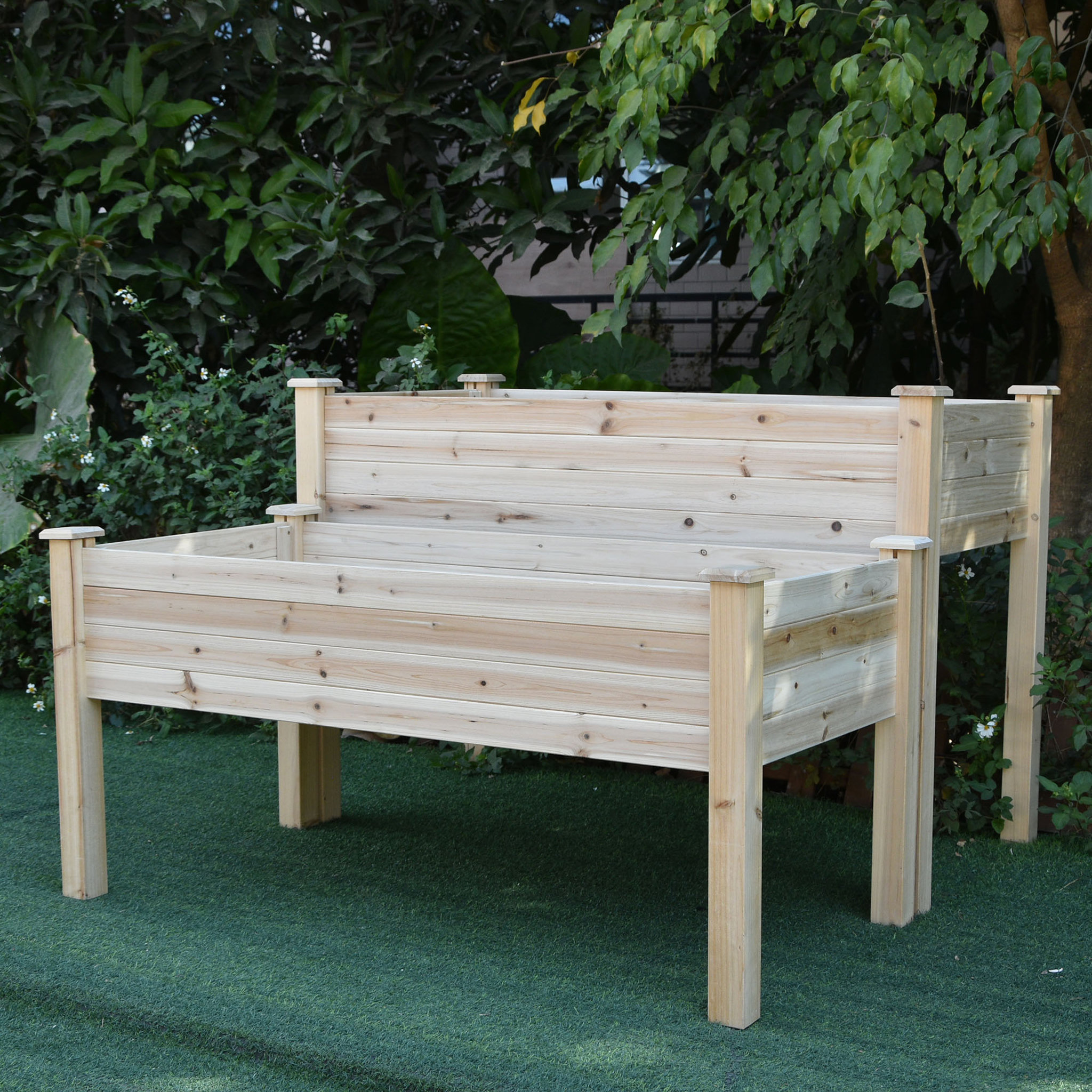 Voir la diapositive 2 : OUTSUNNY Jardinière sur pieds carré potager 2 étages dim. 115L x 114l x 76H cm inserts d'irrigation bois sapin naturel
