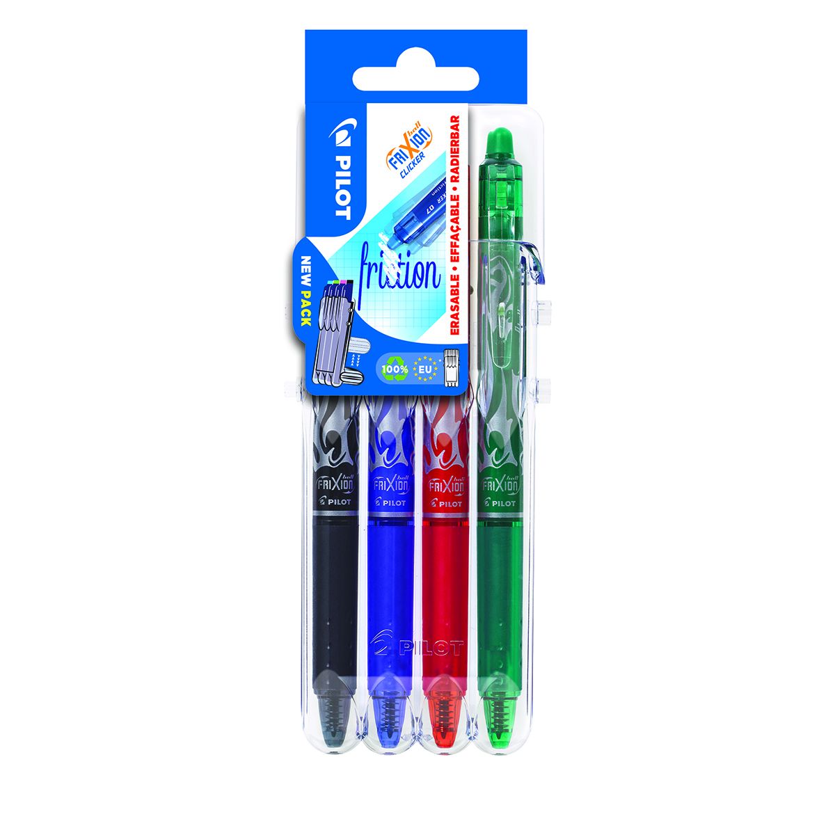 PILOT SET TO GO - Lot de 4 FriXion Clicker - Rollers effacables- Noir Bleu Rouge Vert - pointe moyenne