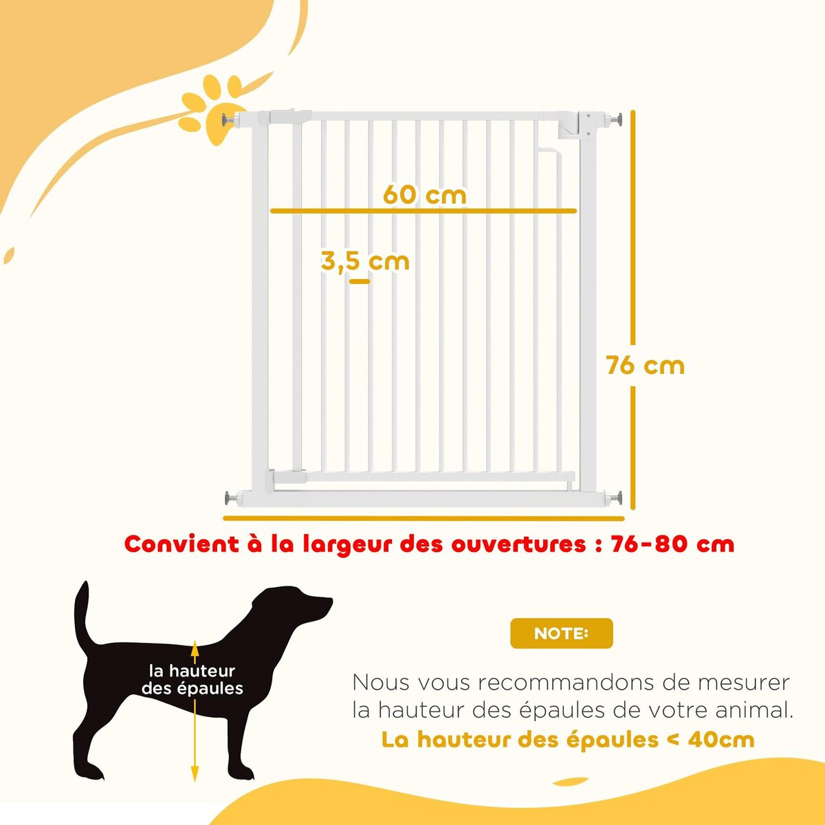 PAWHUT Barrière de sécurité chien largeur réglable 76-80 cm acier blanc