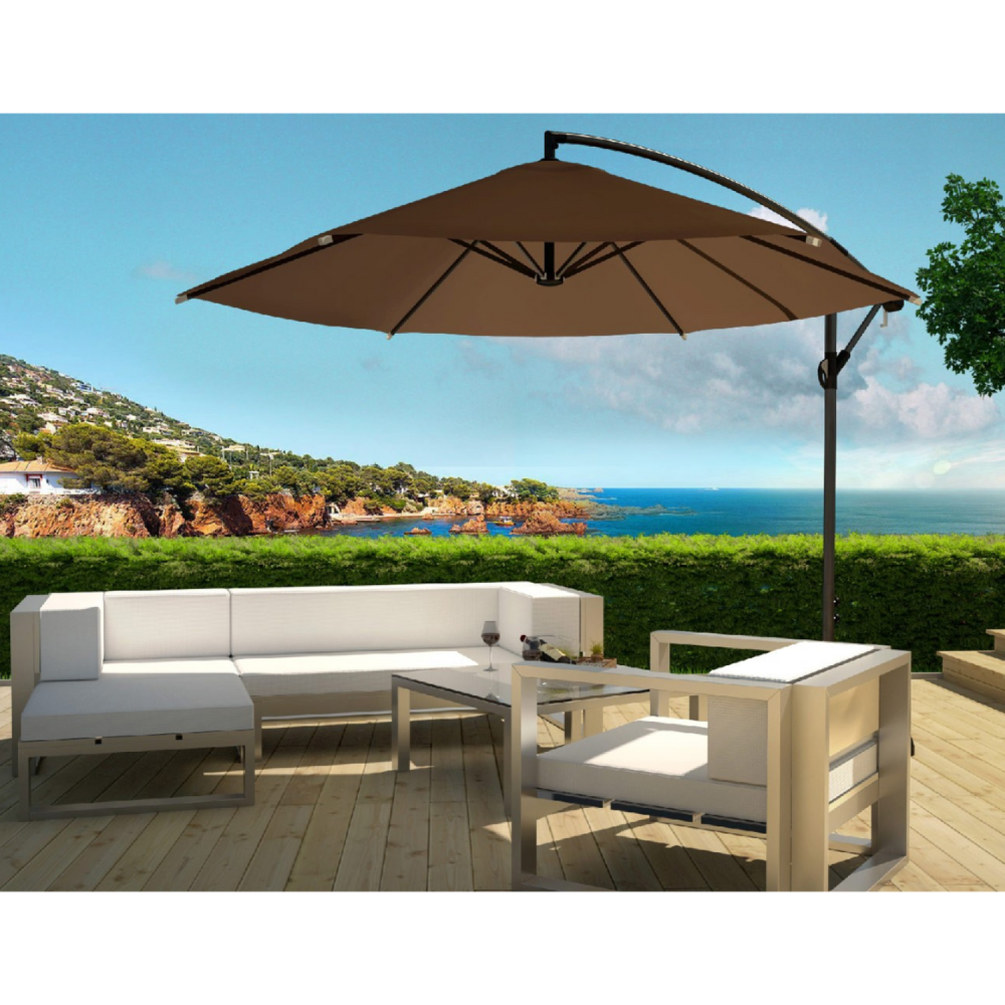 Voir la diapositive 3 : CONCEPT USINE Parasol marron déporté rond 3 x 3 m porticcio