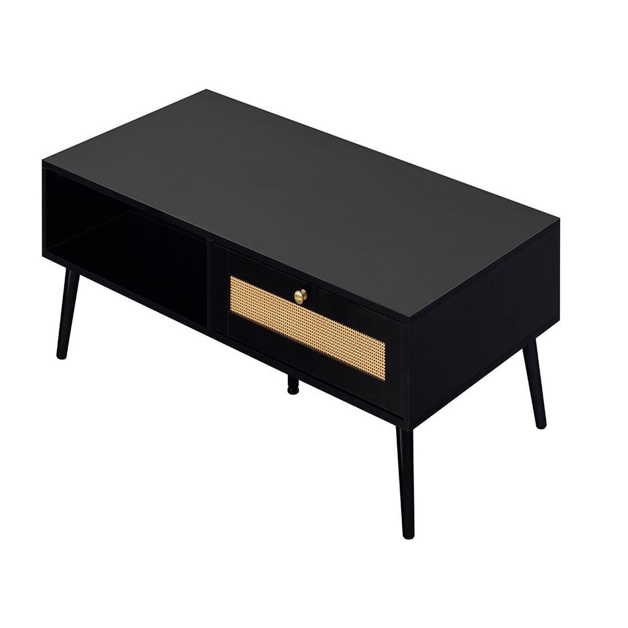 Voir la diapositive 4 : BEST MOBILIER Goto - table basse - noir et cannage - 1 tiroir et 1 niche - 110 cm
