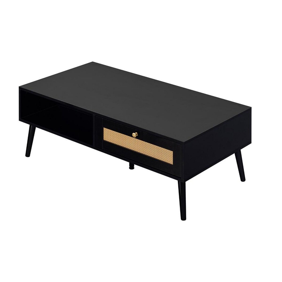 BEST MOBILIER Goto - table basse - noir et cannage - 1 tiroir et 1 niche - 110 cm