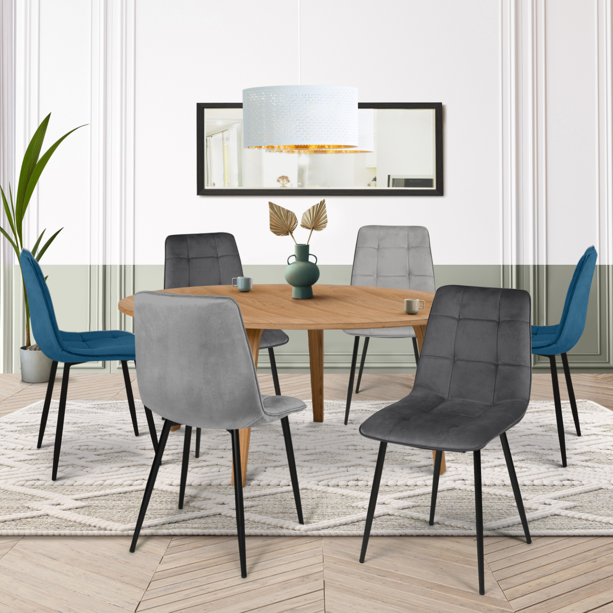 Voir la diapositive 2 : ID MARKET Lot de 6 chaises mila en velours mix color bleu x2, gris foncé x2, gris clair x2