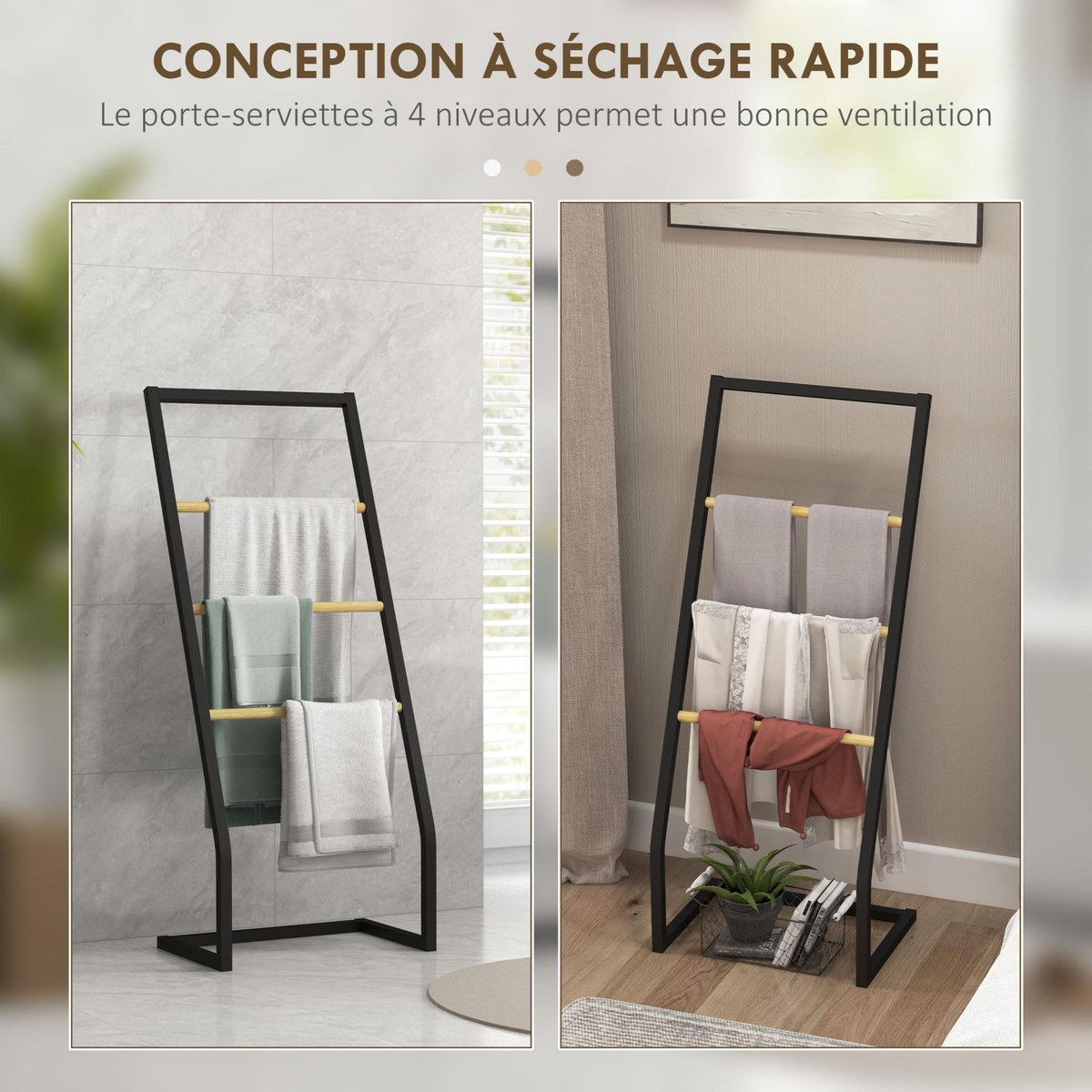 HOMCOM Porte-serviettes sur pieds en bambou et acier avec 4 barres support 40,5L x 28l x 98H cm - noir et naturel