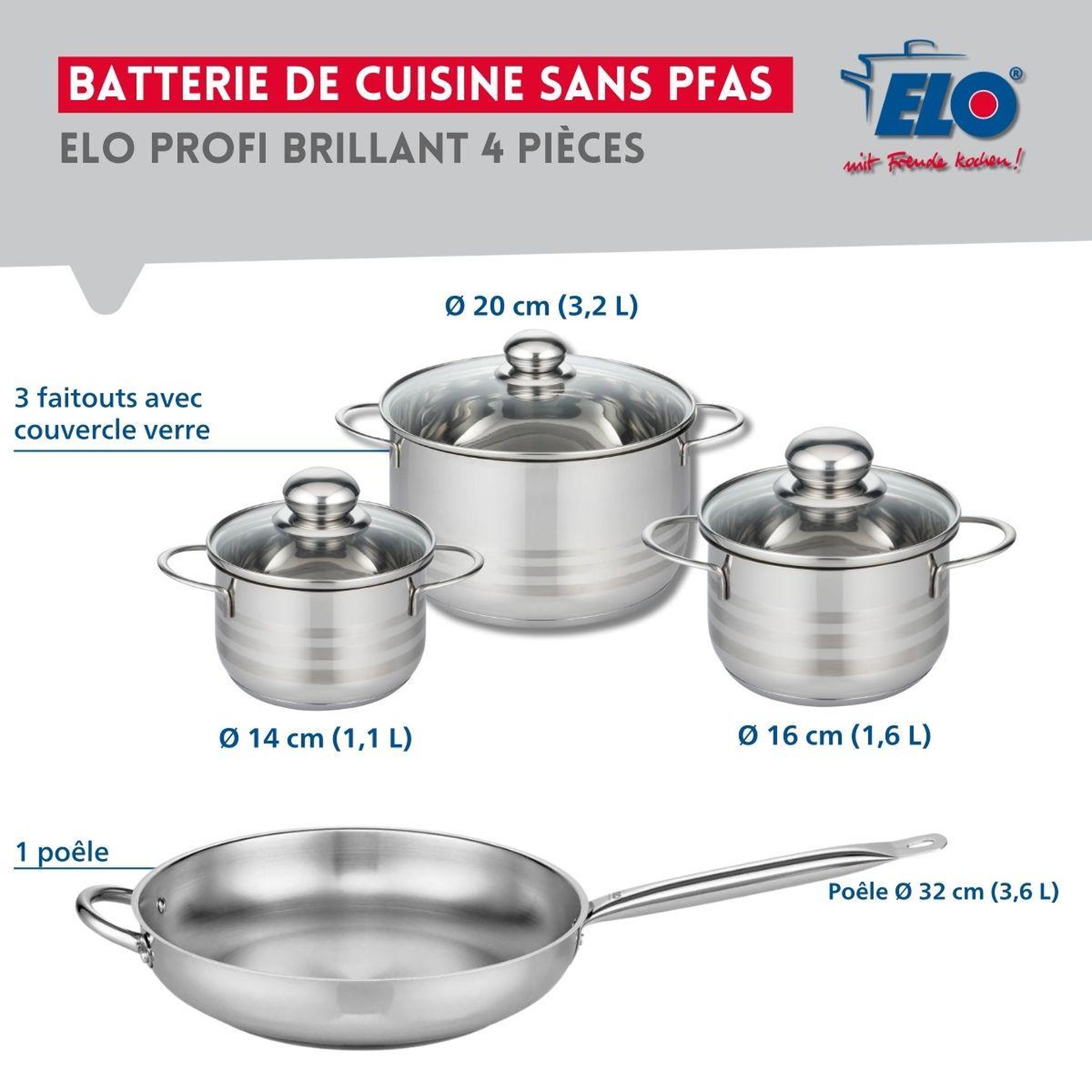 Voir la diapositive 2 : ELO Ensemble de 1 poêle de cuisson 32 cm et 3 faitouts 14, 16 et 20 cm elo profi brillant
