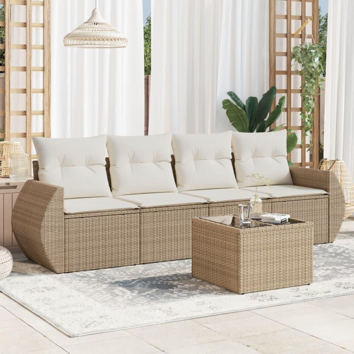 VIDAXL Salon de jardin avec coussins 5 pcs beige resine tressee