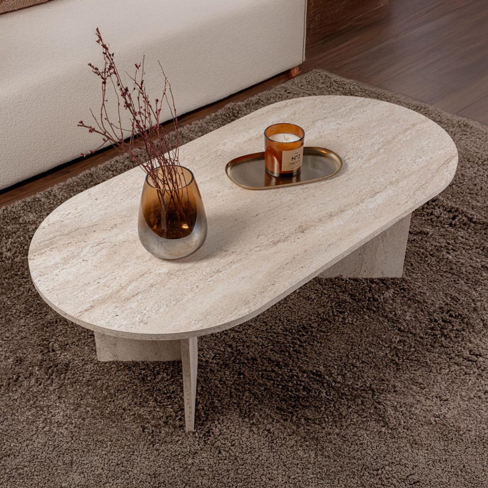 Voir la diapositive 4 : CONCEPT USINE Table basse ovale effet travertin 119x60cm lyu