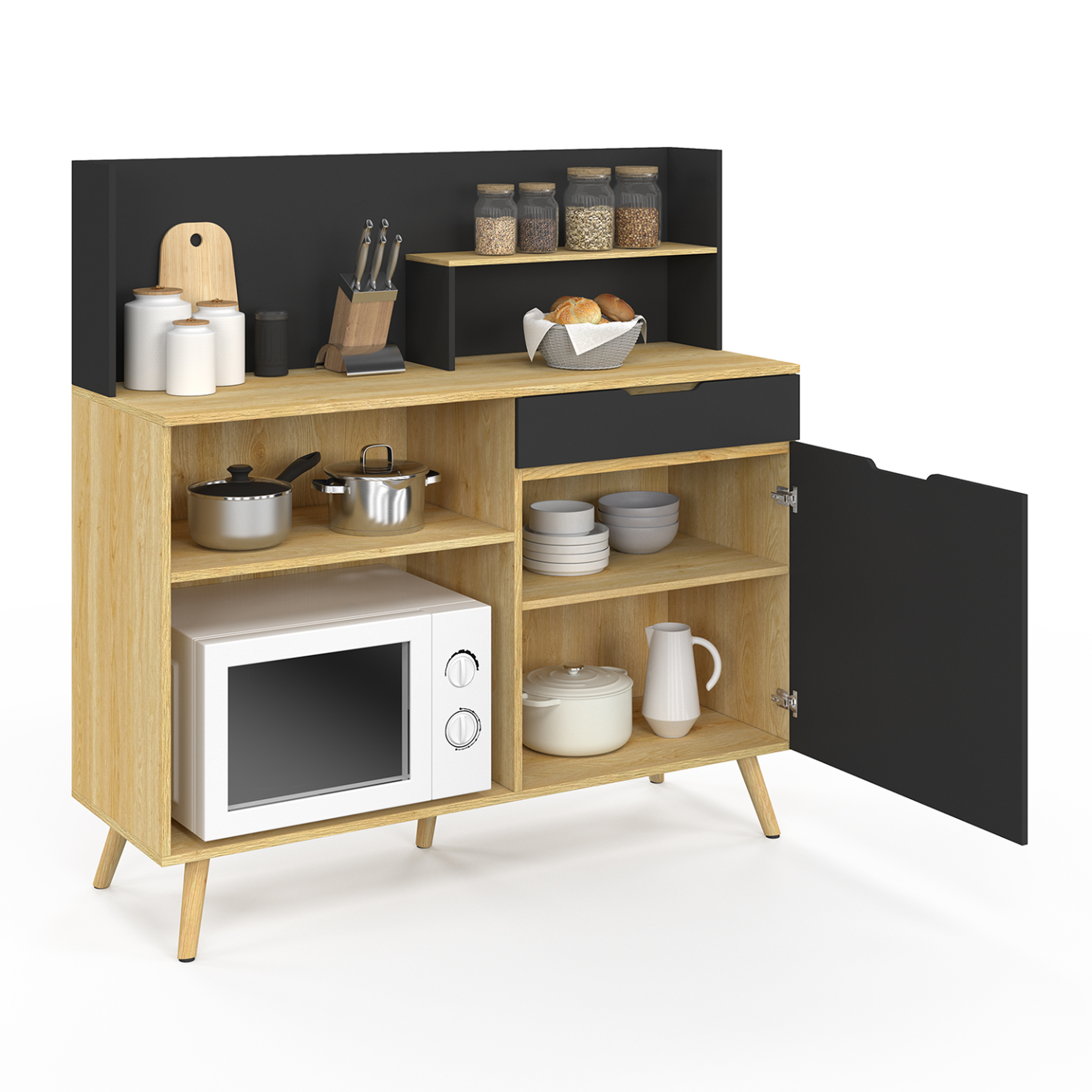 Voir la diapositive 4 : ID MARKET Buffet bas de cuisine 120 cm olaf plan de travail h.83 cm 1 porte + 1 tiroir façon hêtre et noir