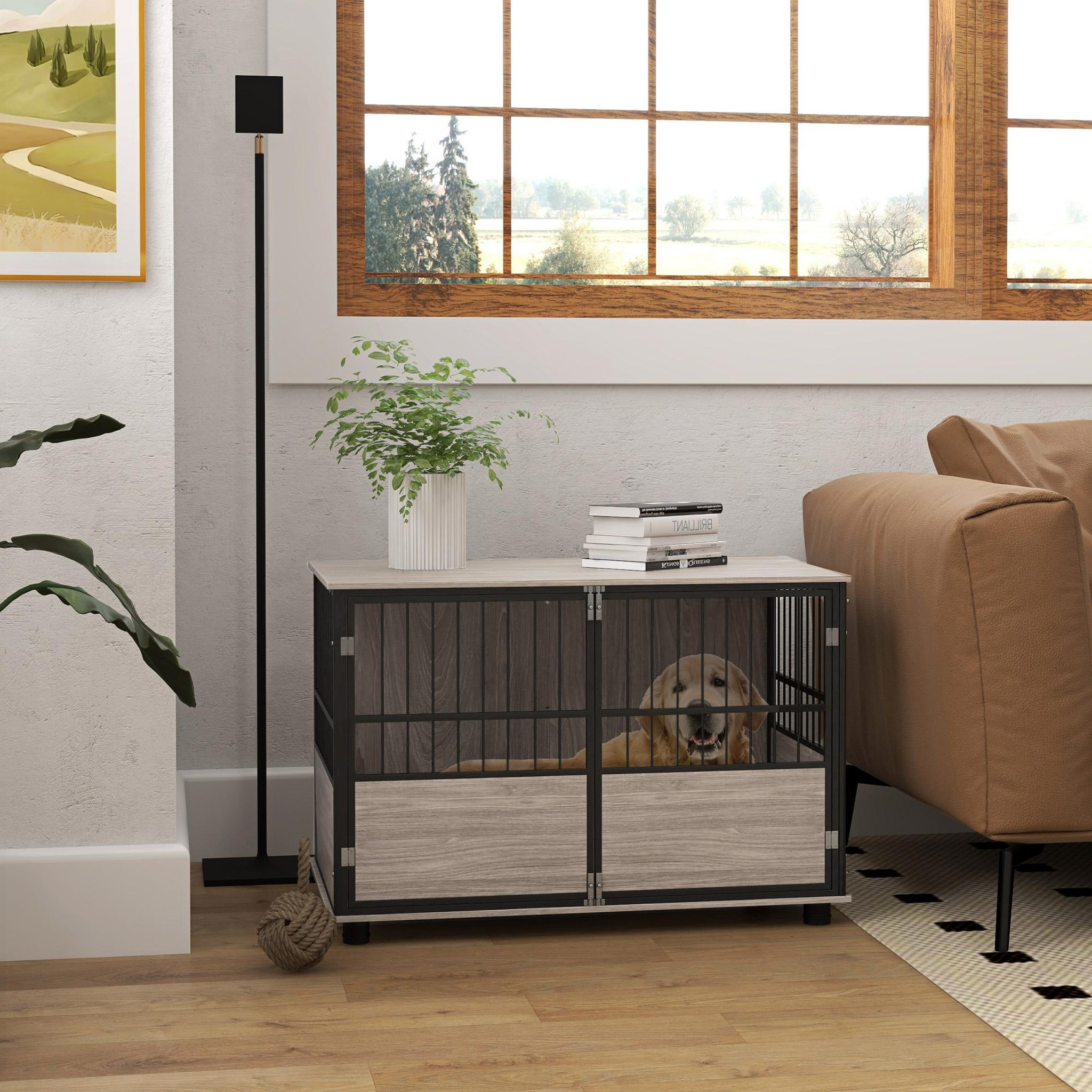 Voir la diapositive 3 : PAWHUT Cage pour chien animaux style industriel - porte coulissante verrouillable - acier noir panneaux aspect bois