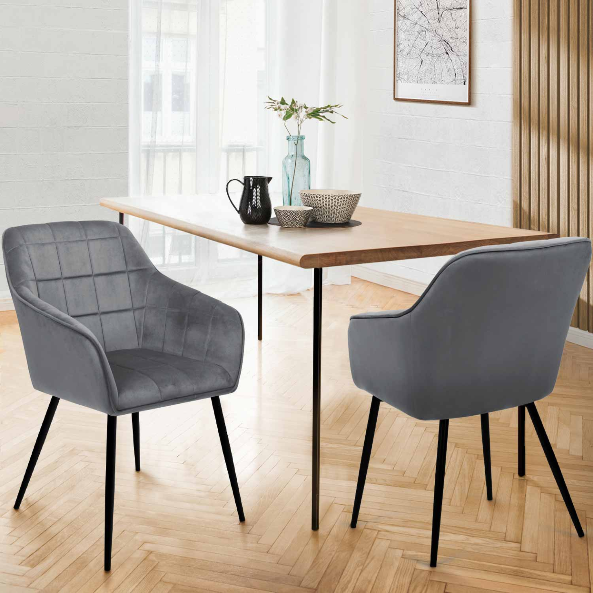 Voir la diapositive 2 : ID MARKET Lot de 2 chaises de salle à manger, fauteuils de table mady en velours gris clair