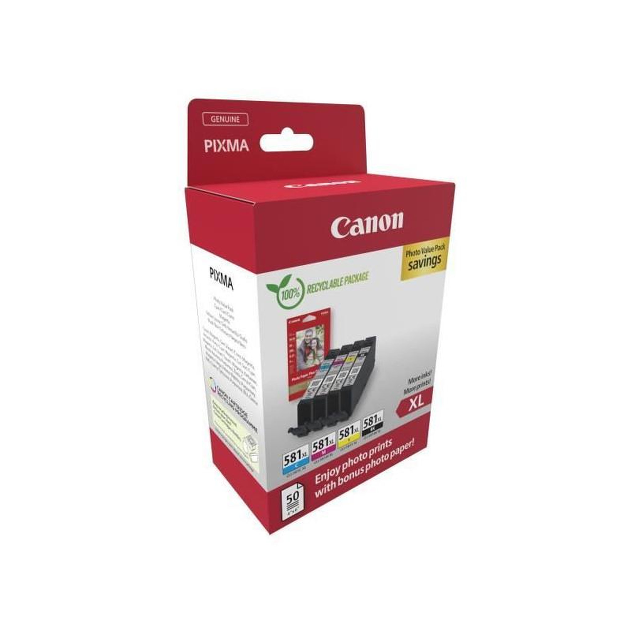 Voir la diapositive 2 : Canon Multipack cartouches d'encre + pack papiers photo - CANON - CLI-581XL Noir/Cyan/Magenta/Jaune - Haut rendement