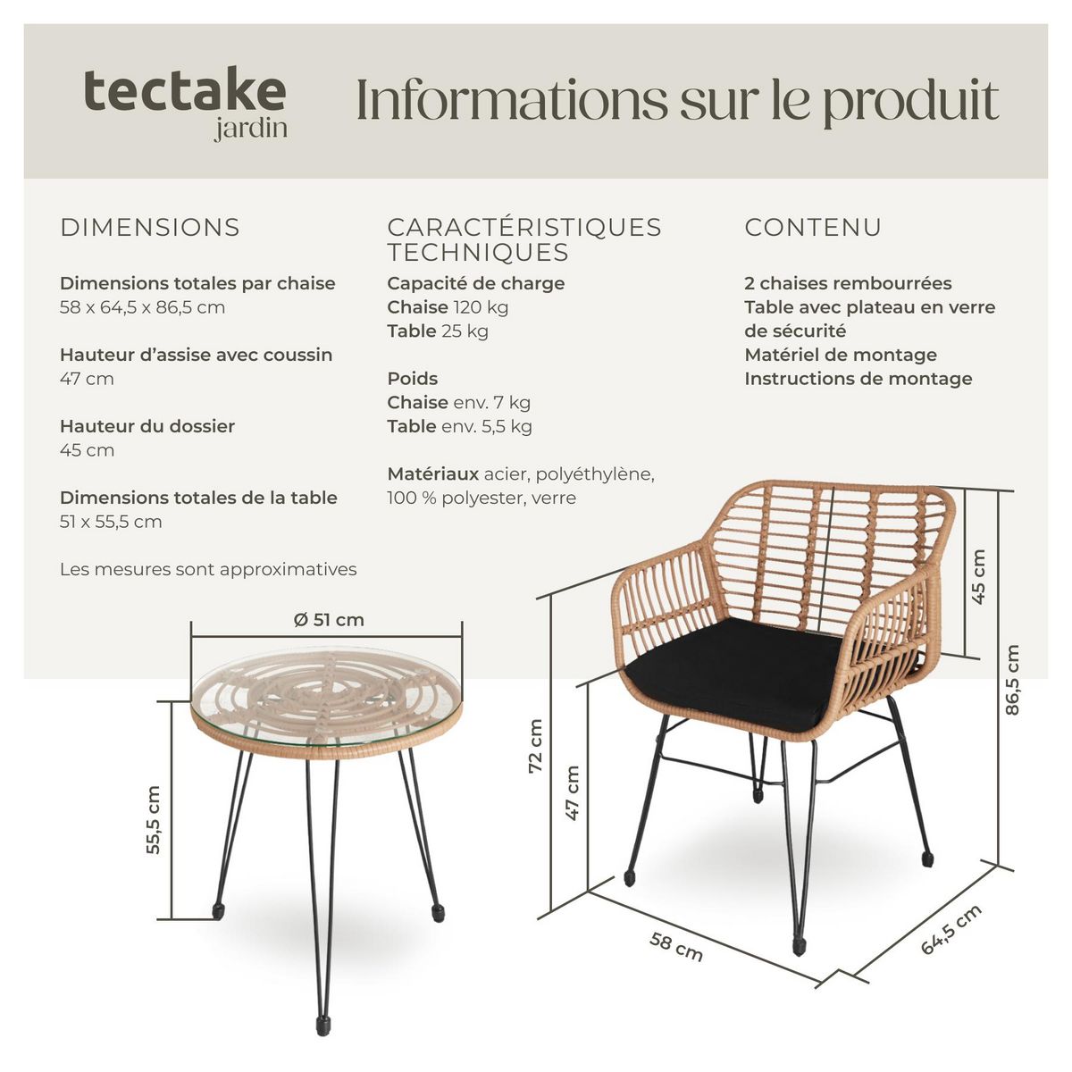 tectake Salon de jardin pour 2 personnes marron naturel