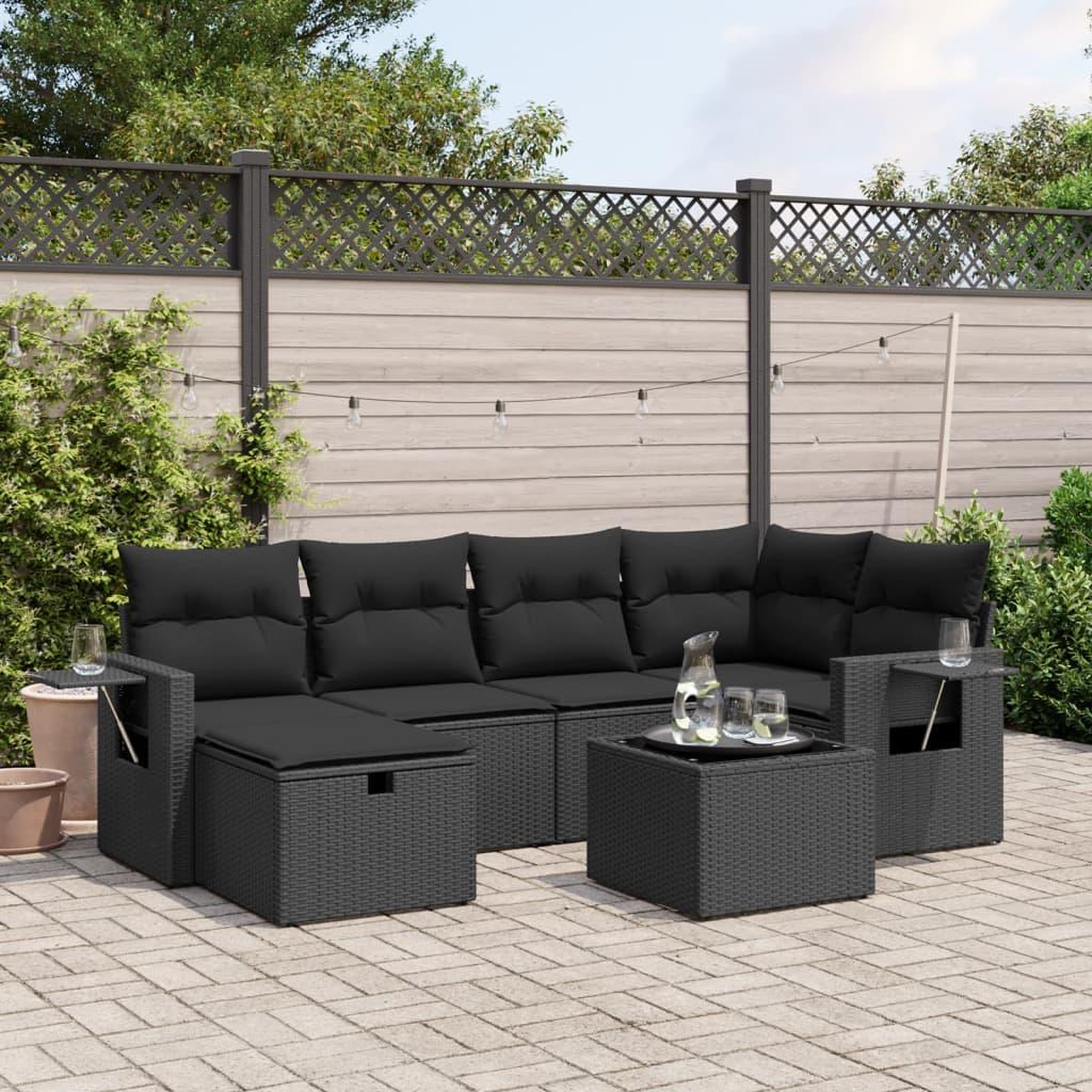 VIDAXL Salon de jardin 7 pcs avec coussins noir resine tressee