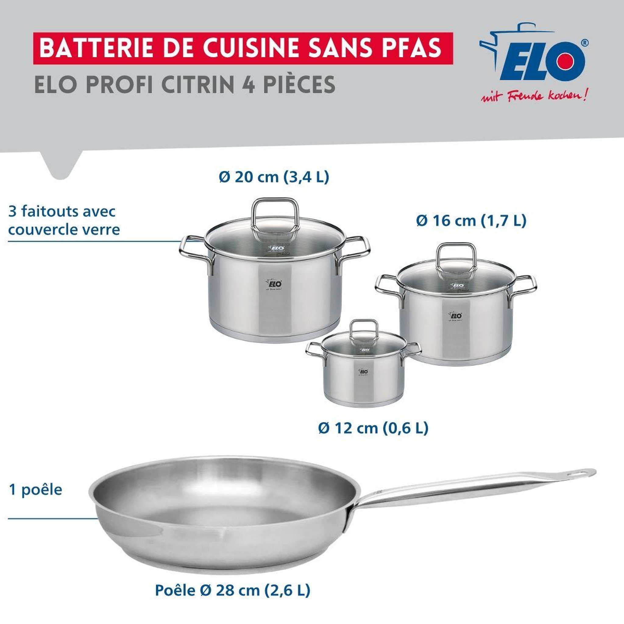Voir la diapositive 2 : ELO Ensemble de 1 poêle de cuisson 28 cm et 3 faitouts 12, 16 et 20 cm elo profi citrin