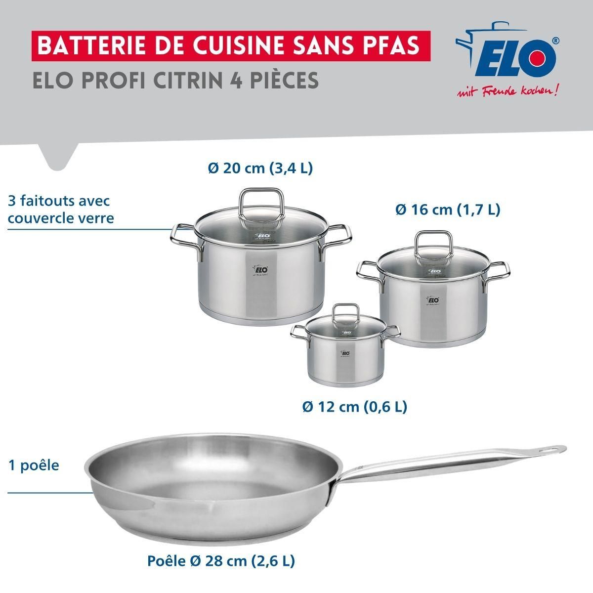 ELO Ensemble de 1 Poêle de cuisson 28 cm et 3 faitouts 12, 16 et 20 cm Elo Profi Citrin