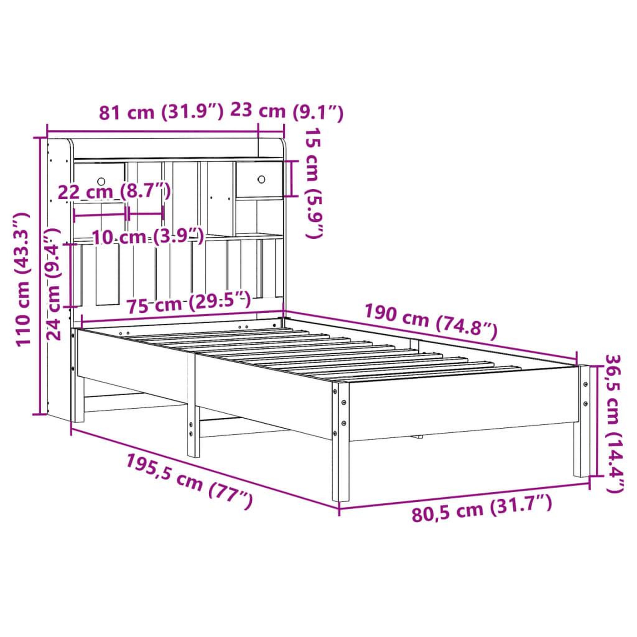 Voir la diapositive 6 : VIDAXL Lit bibliotheque sans matelas 75x190 cm bois de pin massif