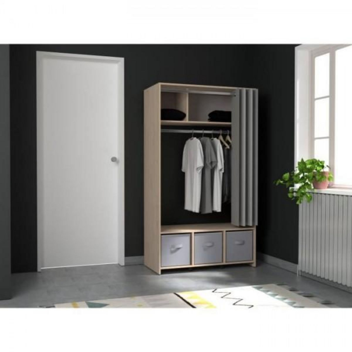 EKIPA Kit dressing Vestiaire ARTIC avec rideau - Chene Jackson - 1 penderie - L 103 x H 180,4 x P 50,3 cm - EKIPA