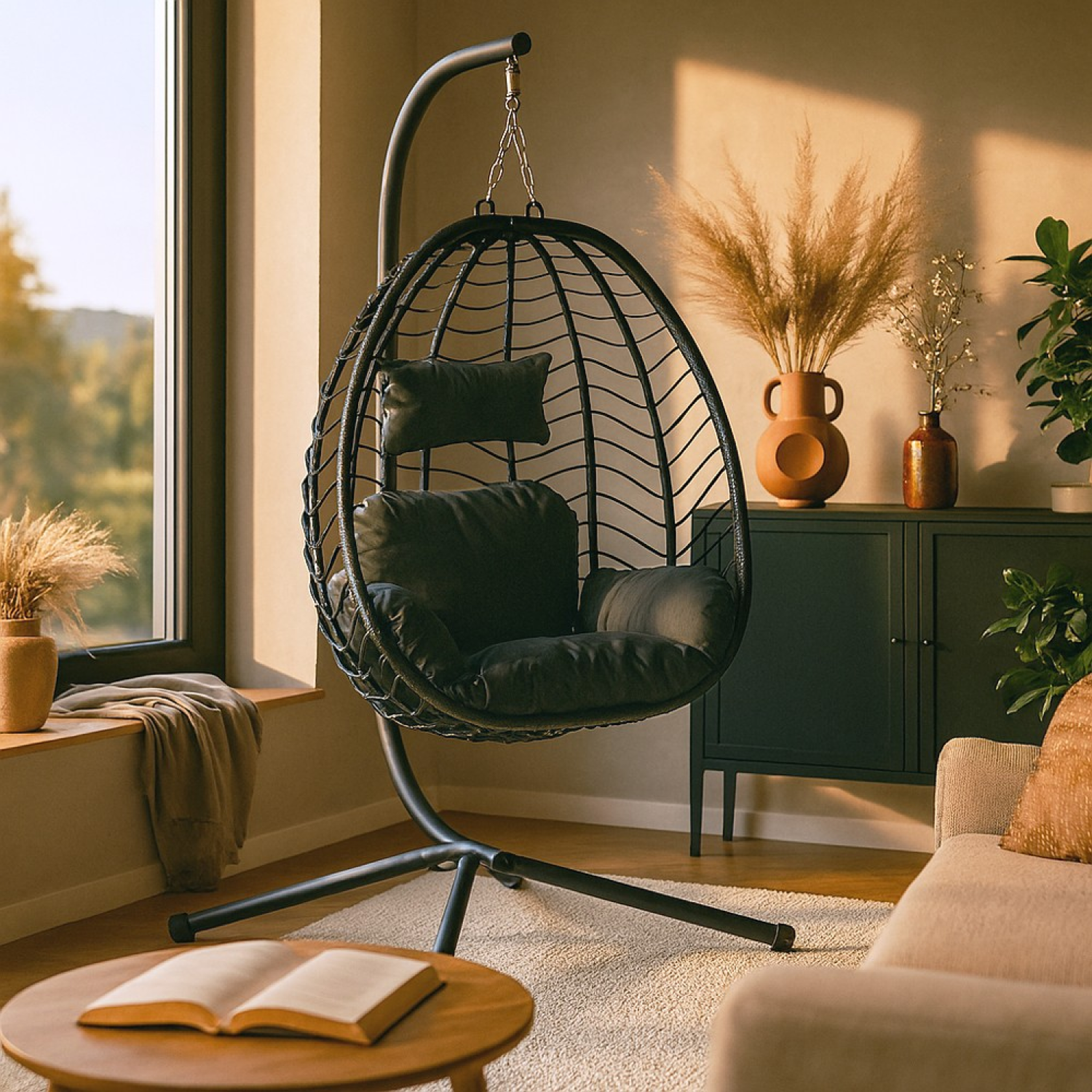 Voir la diapositive 4 : CONCEPT USINE Fauteuil suspendu en résine effet rotin noir lima