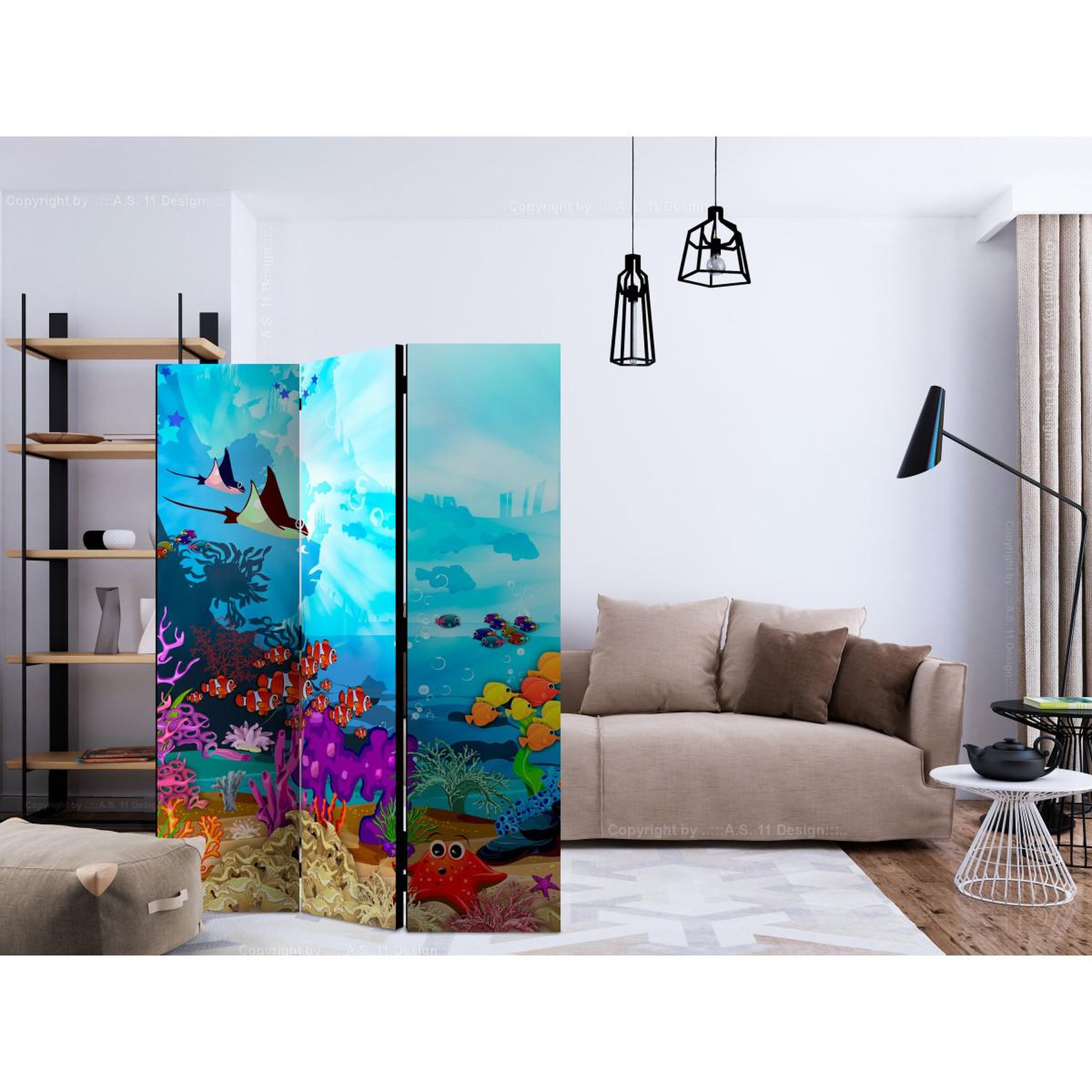 Voir la diapositive 2 : Paris Prix Paravent 3 volets  colourful fish  135x172cm