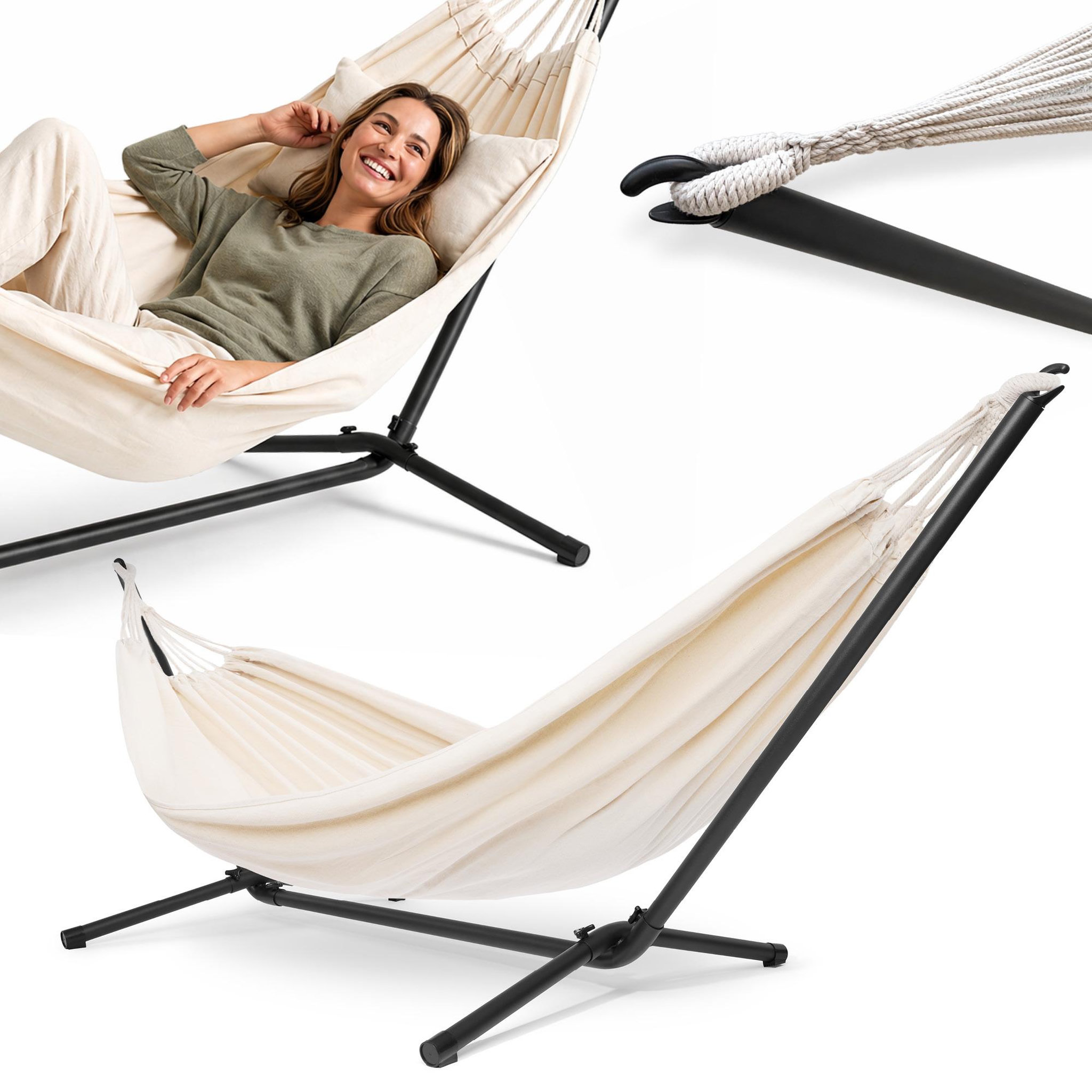 HYPERMOTION Hamac de jardin HyperMotion + Support en Acier Noir 295x100x96 cm 100 kg - Montage Facile