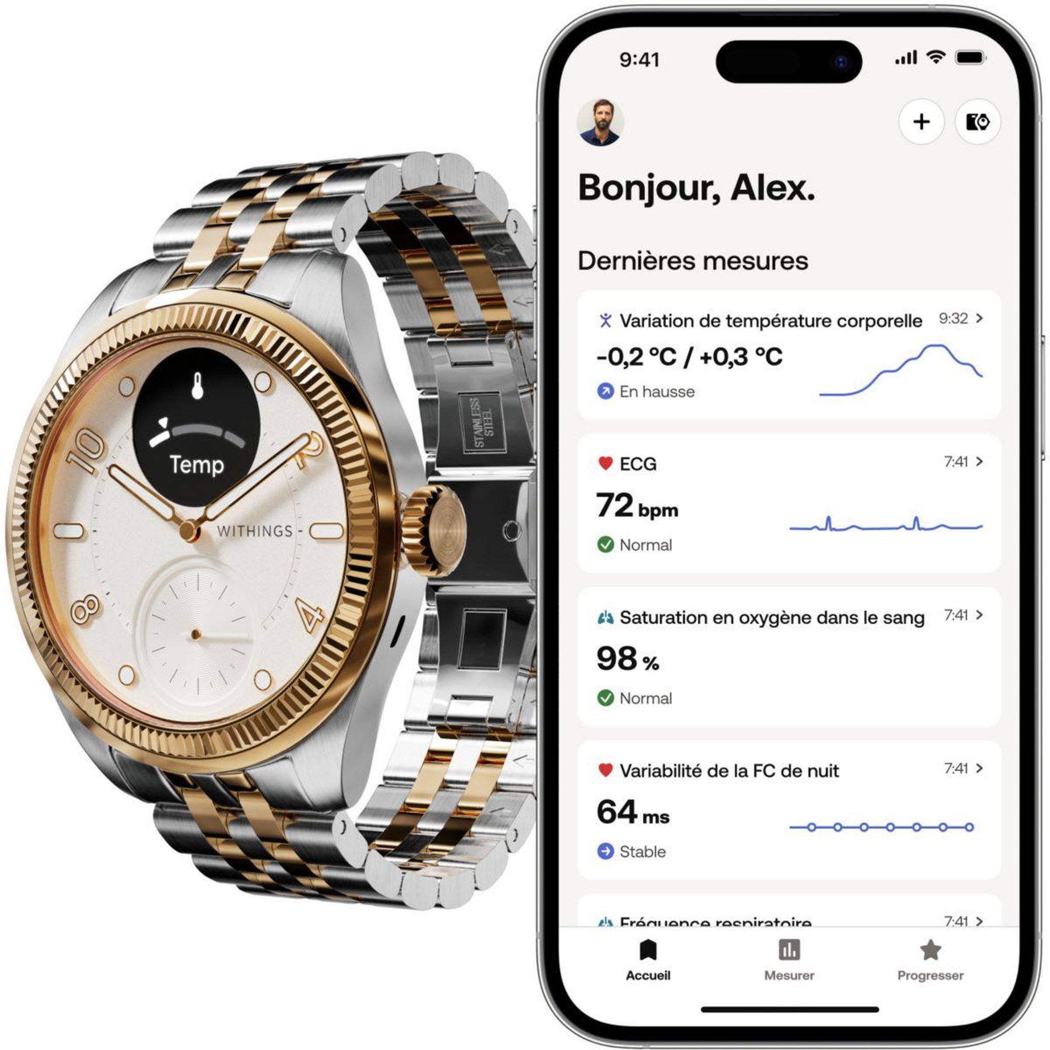 Voir la diapositive 2 : WITHINGS Montre santé Scanwatch Nova Brilliant 39mm Gold