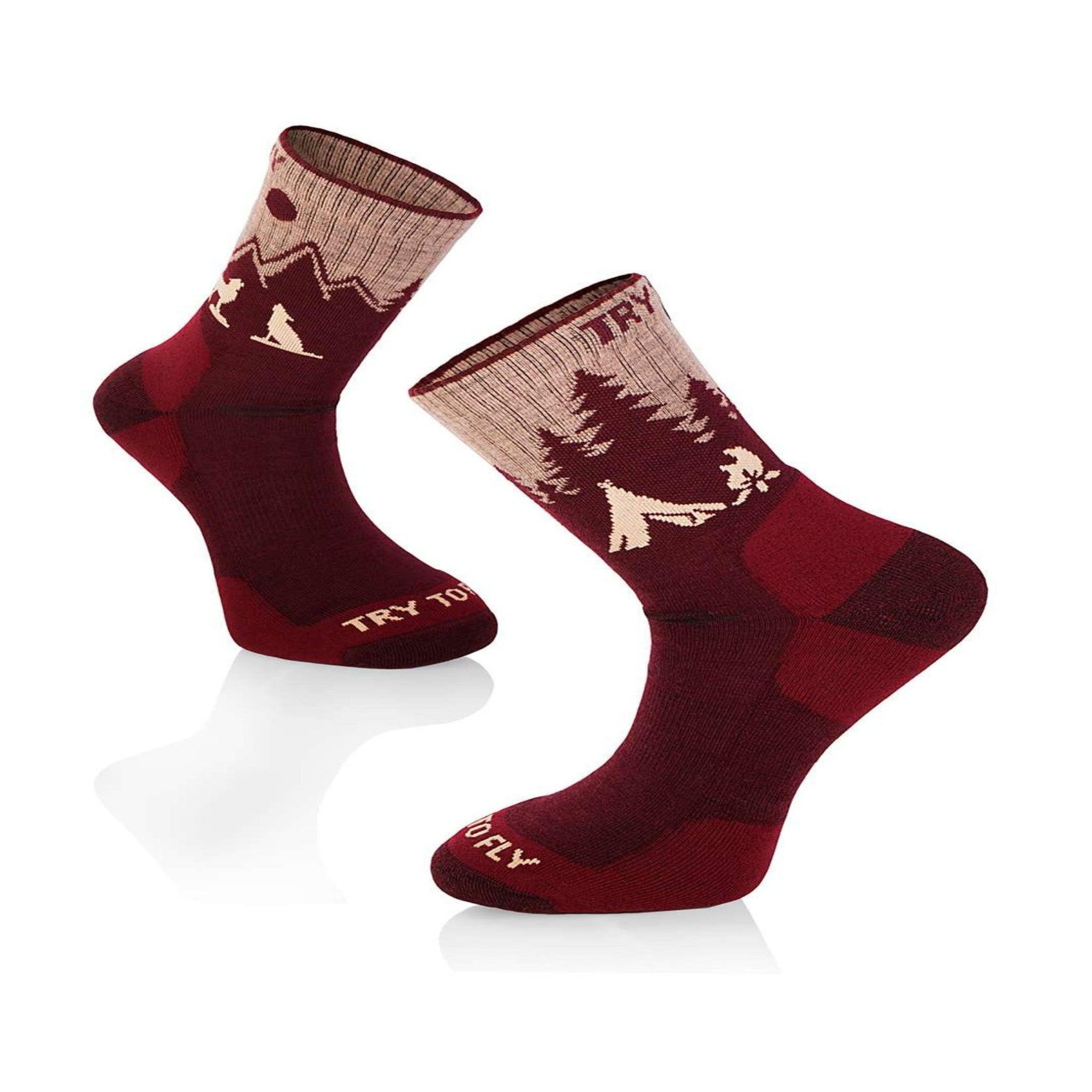 TRY TO FLY Chaussettes de randonnée laine mérinos bordeaux. Coloris disponibles : Rouge