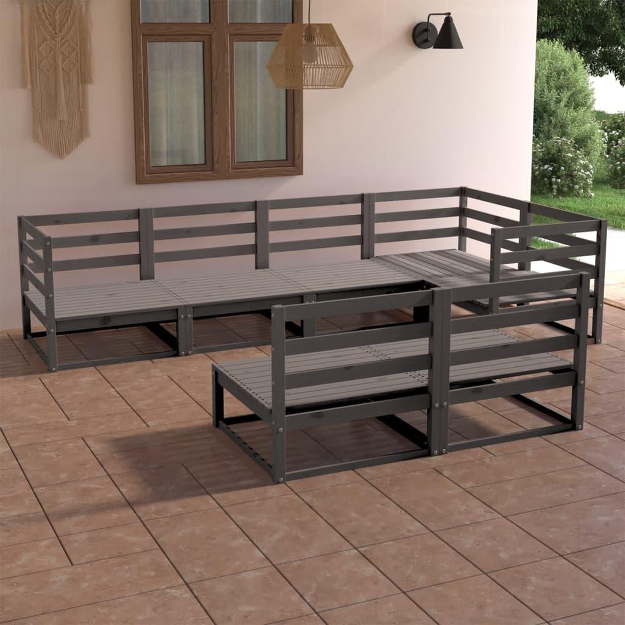 VIDAXL Salon de jardin 7 pcs Gris Bois de pin massif