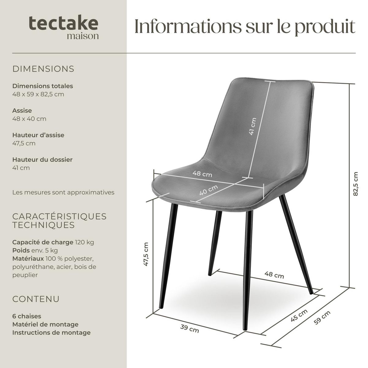 tectake Lot de chaises rembourrées aspect velours gris Lot de 6