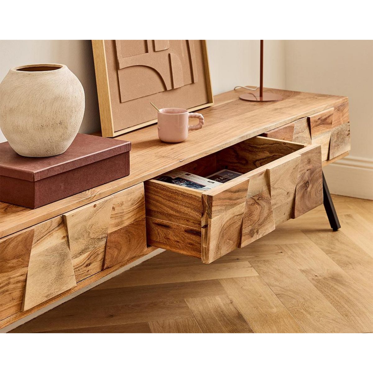 LISA DESIGN Jaipur - meuble tv - bois massif d'acacia et noir - 180 cm