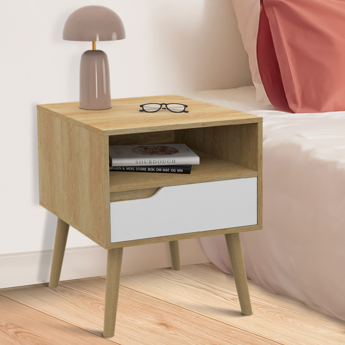 ID MARKET Lot de 2 tables de chevet HELSINKI scandinaves 1 tiroir avec niche effet hêtre et blanc