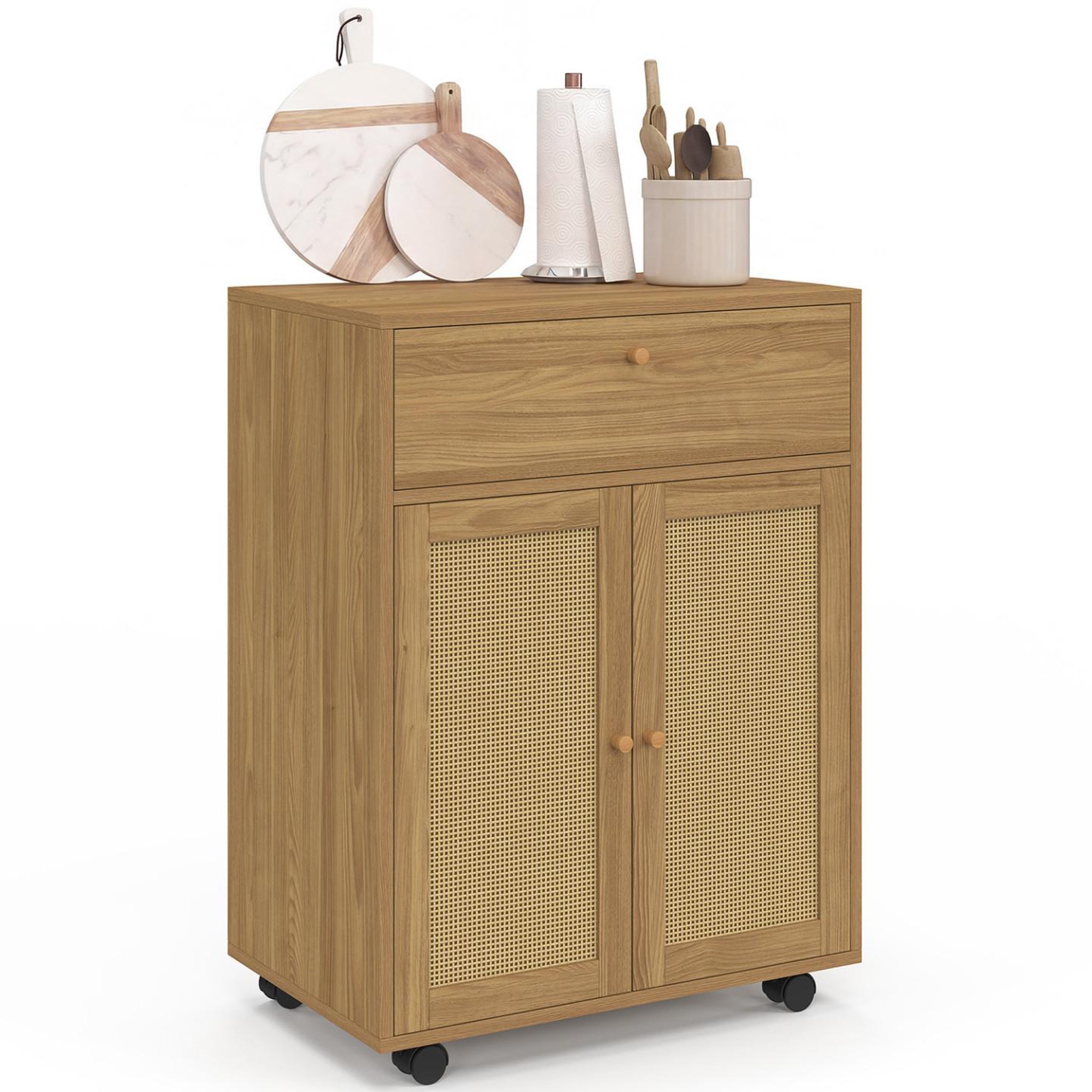ID MARKET Desserte de cuisine HANAE tiroir effet bois et placard en cannage L.60 cm